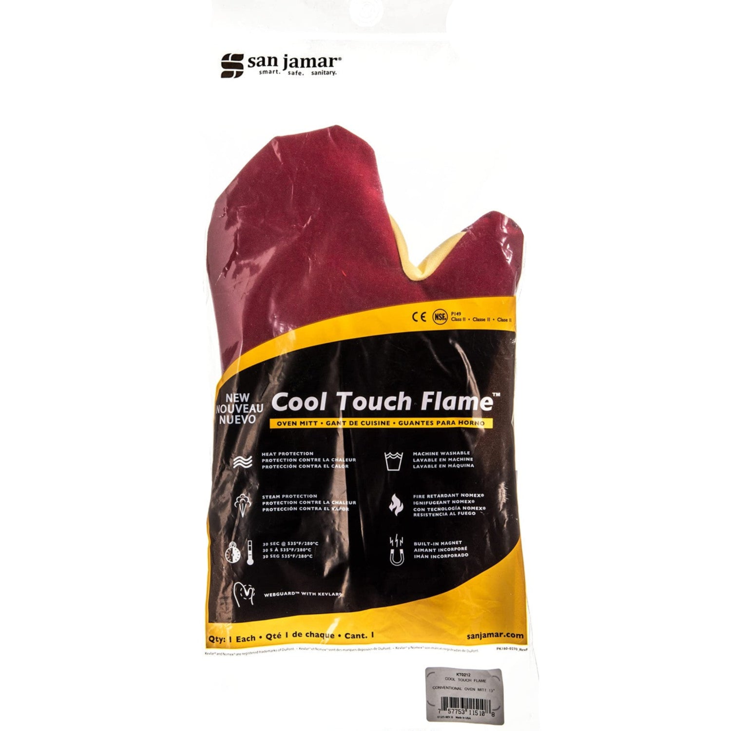 San Jamar Cool Touch Flame oven mitt providing heat and flame protection, with a padded and heat-resistant design for safe handling.