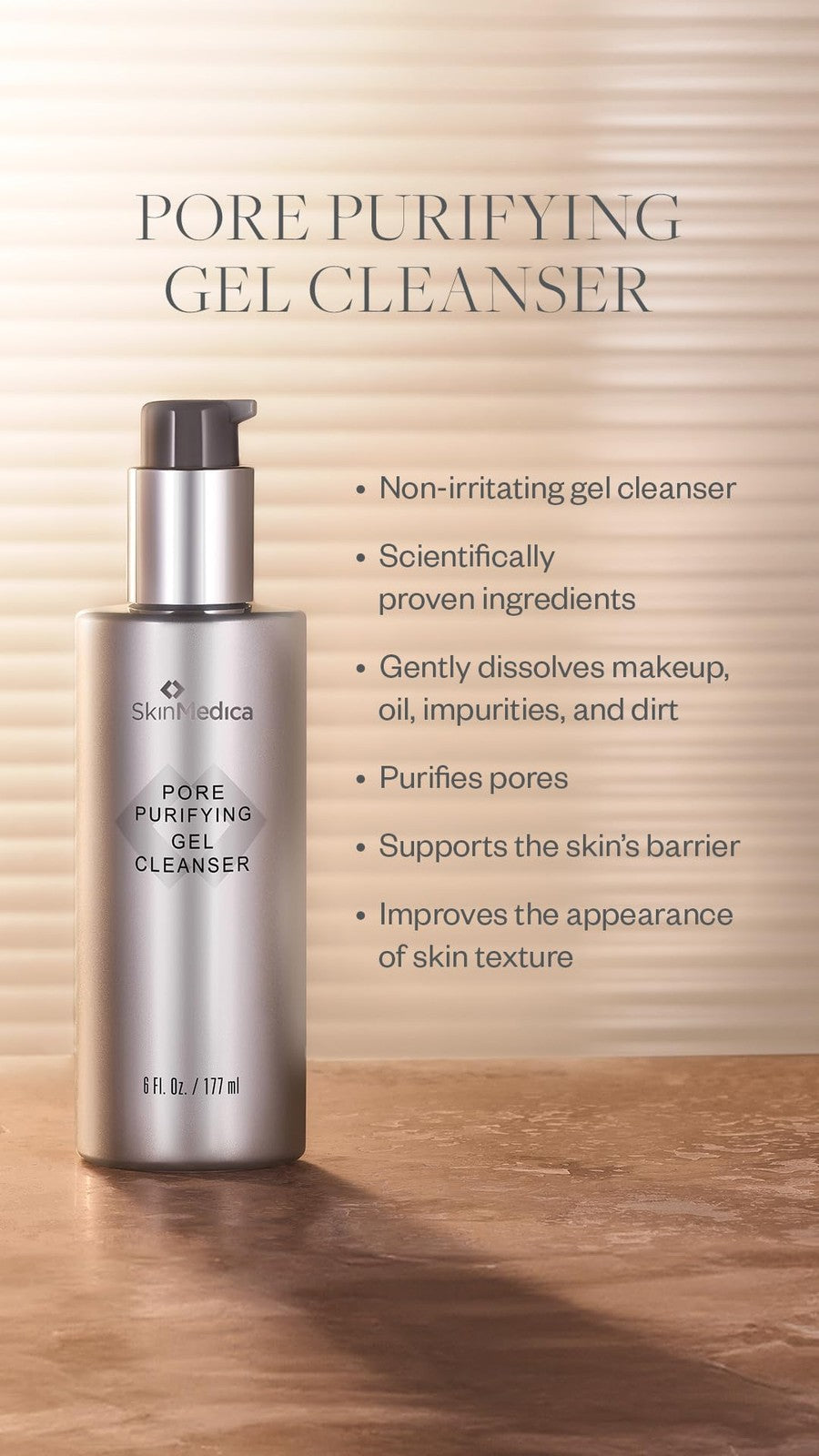 SkinMedica Pore Purifying Gel Cleanser with clay and botanicals, showing the clear gel in a pump bottle on a white background.