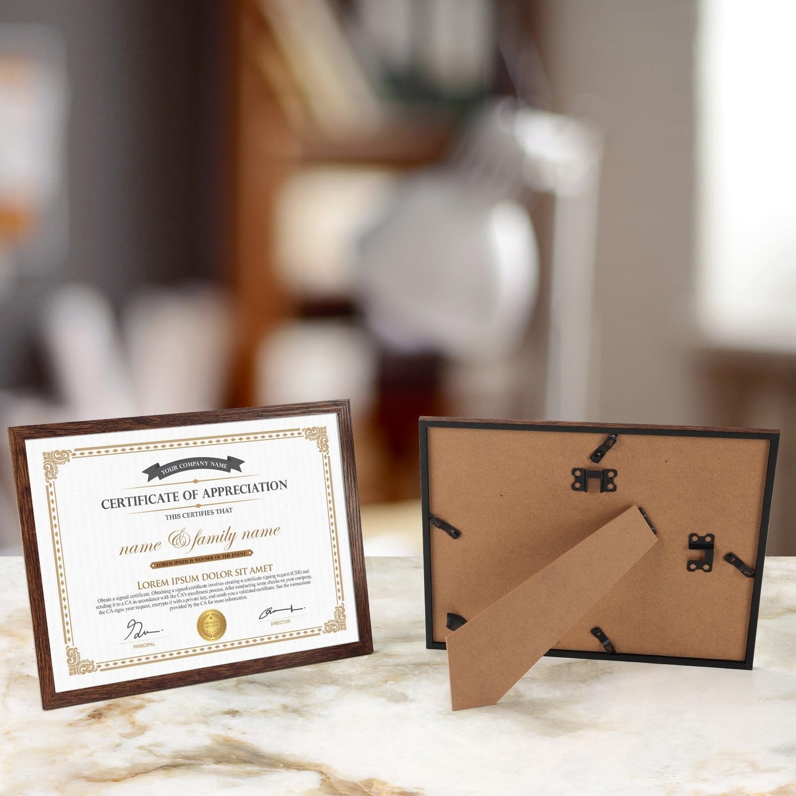 Hoikwo 18-pack dark brown plastic picture frames, 8.5x11 inch size, with clear plastic fronts, arranged in a set on a neutral background.