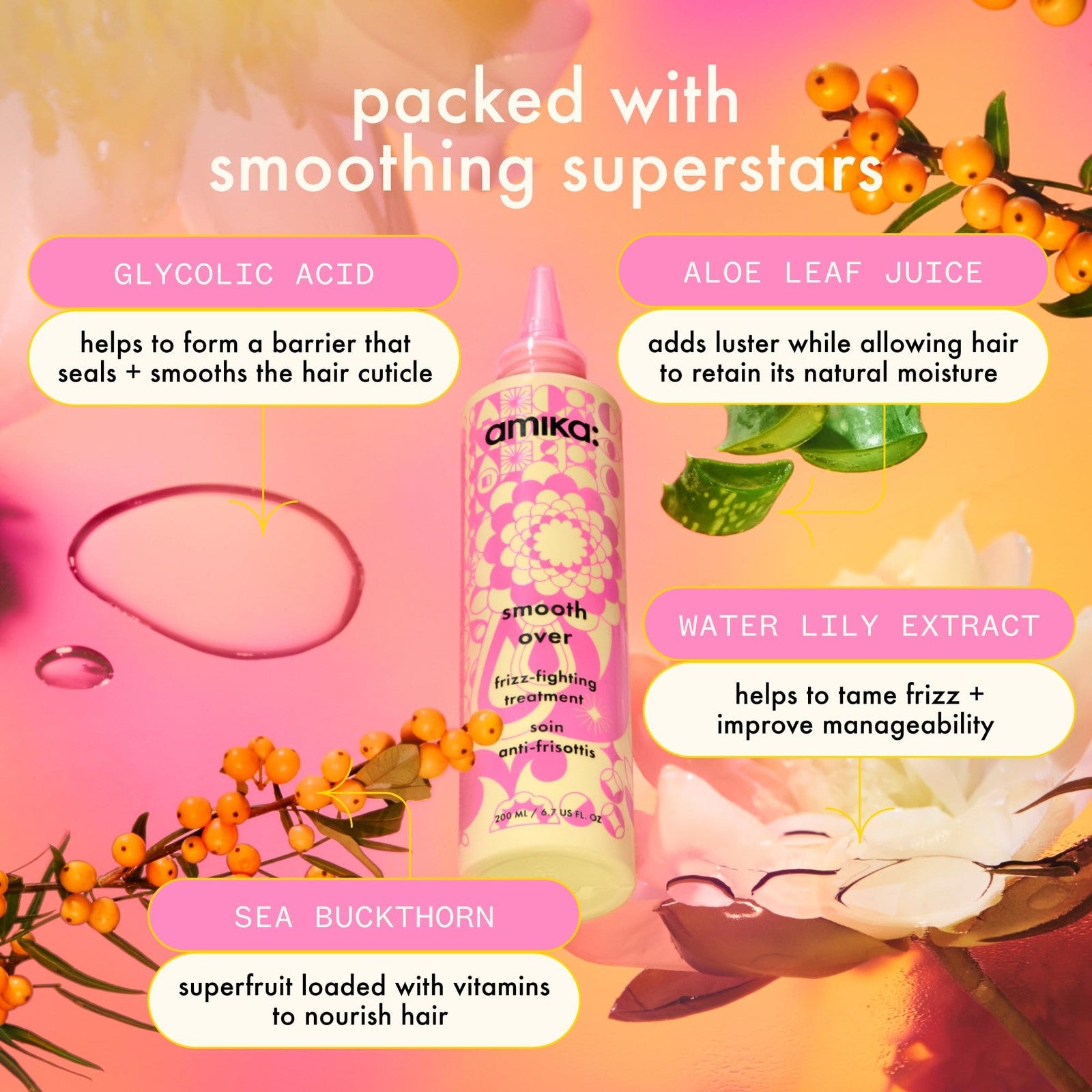 Amika Smooth Over Frizz-Fighting Treatment Mask in a jar, creamy hair mask for smoothing and reducing frizz.