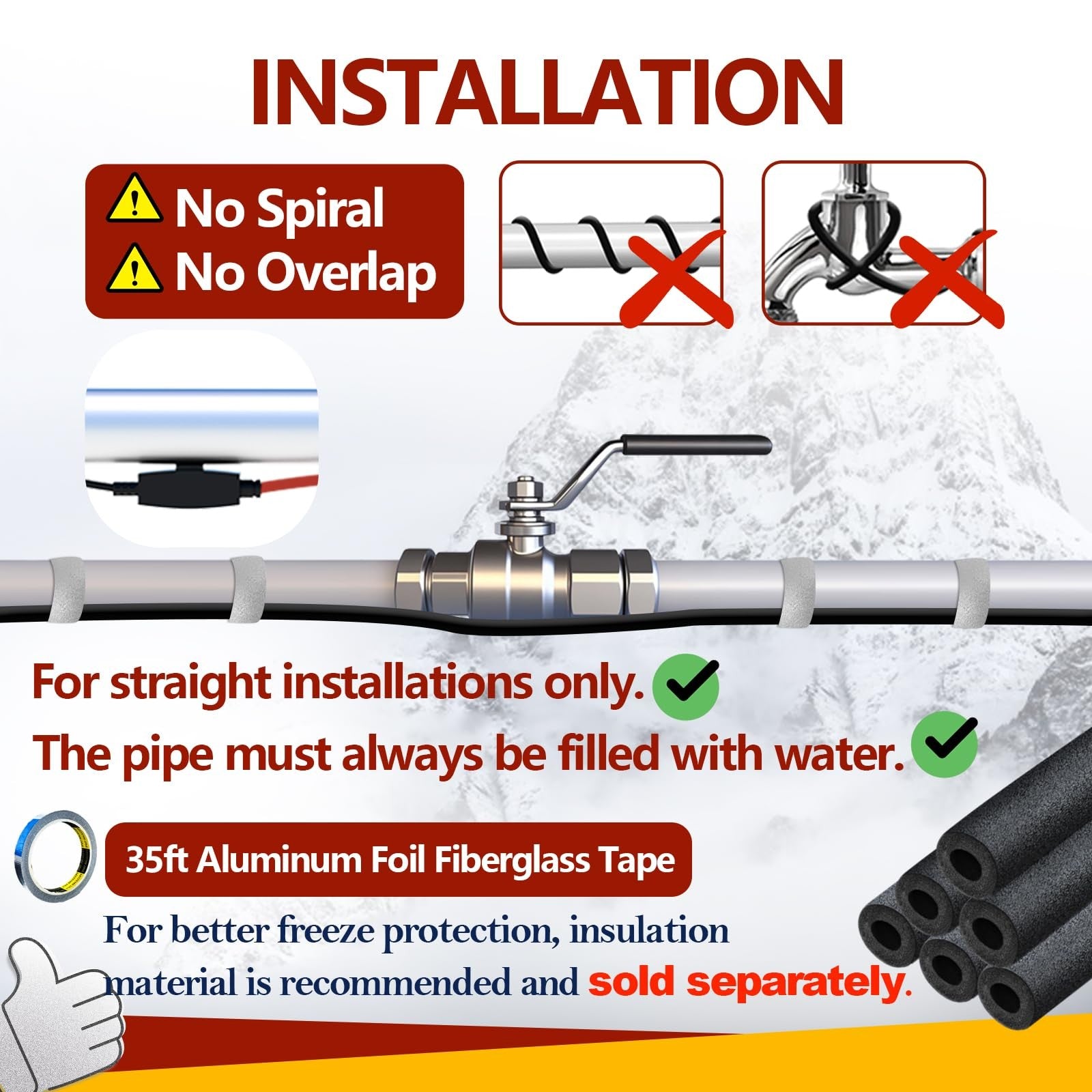 TOPDURE Pipe Heat Cable for water pipe freeze protection, energy-saving, ETL C listed, coiled around a water pipe.