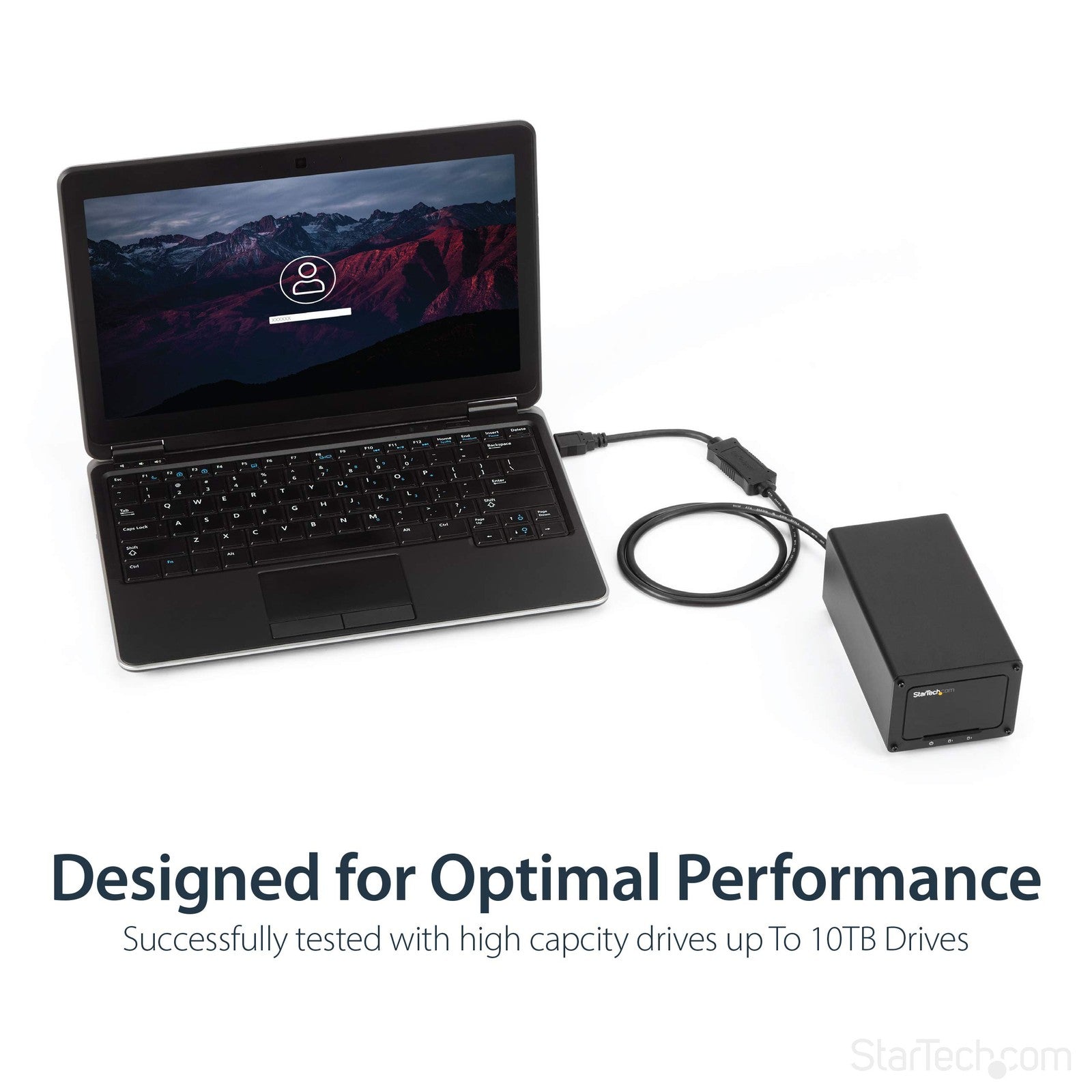 StarTech USB 3.0 to eSATA adapter connecting a hard drive, showcasing compact design and port connections for high-speed data transfer.