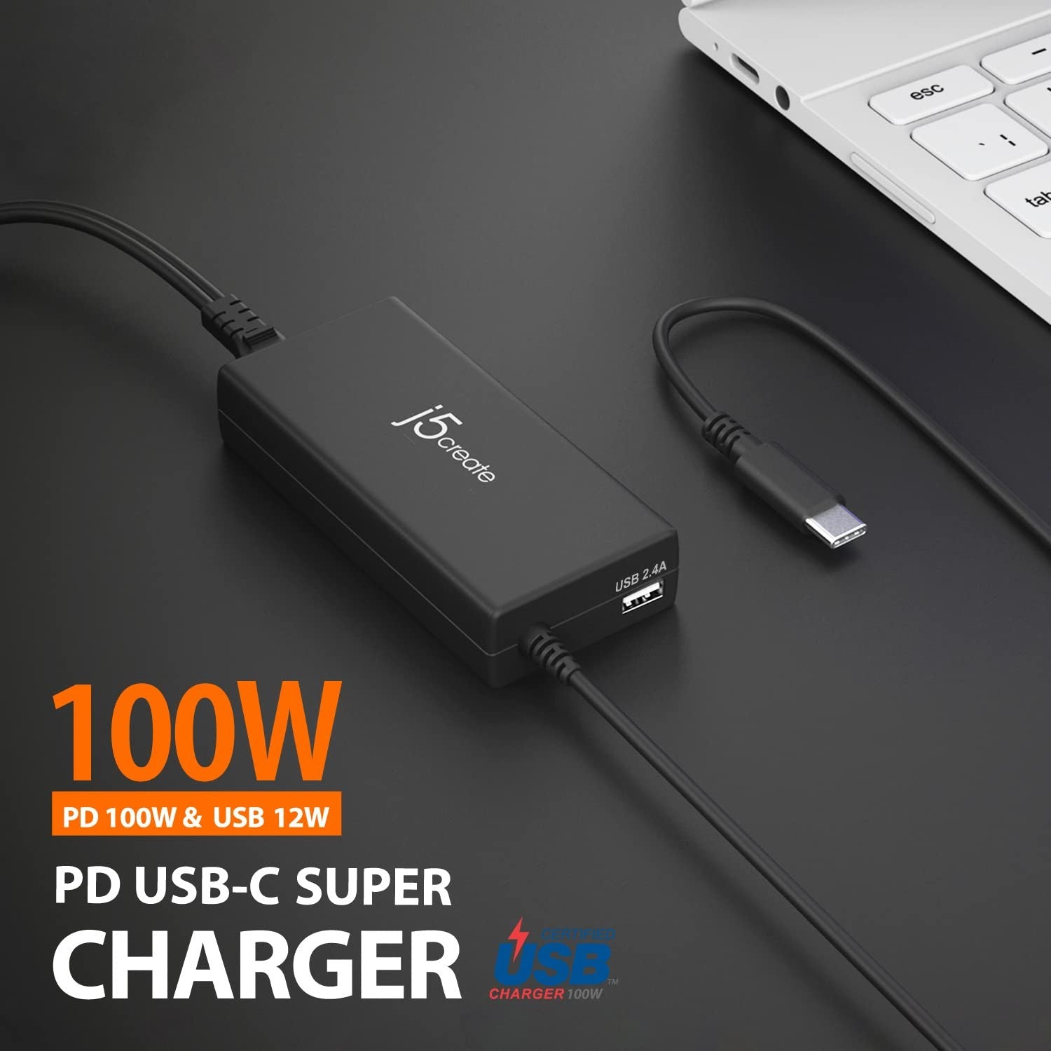 j5create USB Type C PD 100W fast charger with cable for MacBook Pro, Chromebook, and laptops, showing the charger and cable setup.