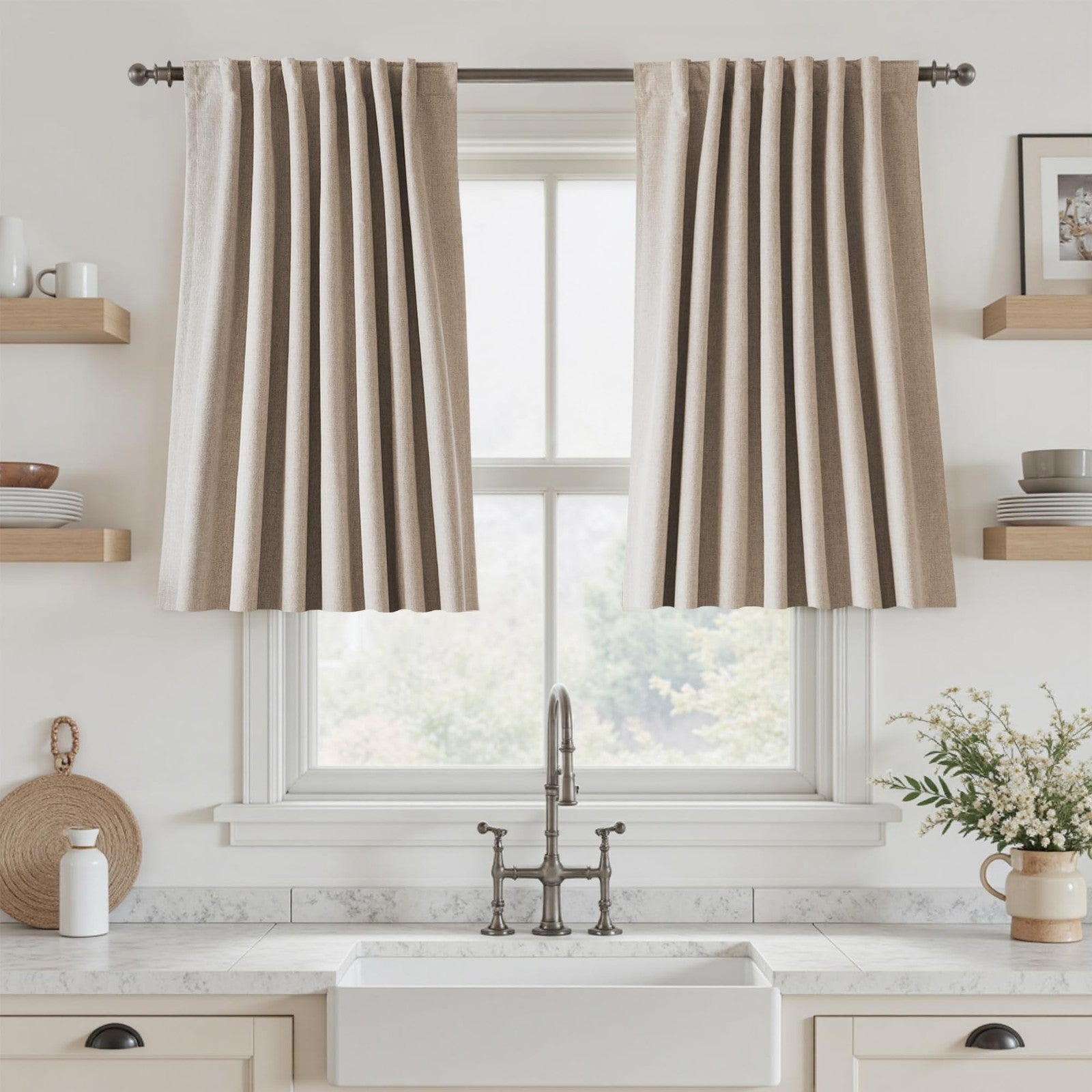 UHITECH 36-inch black blackout curtains for small nursery window, darkening drapes with back tab design in black fabric.