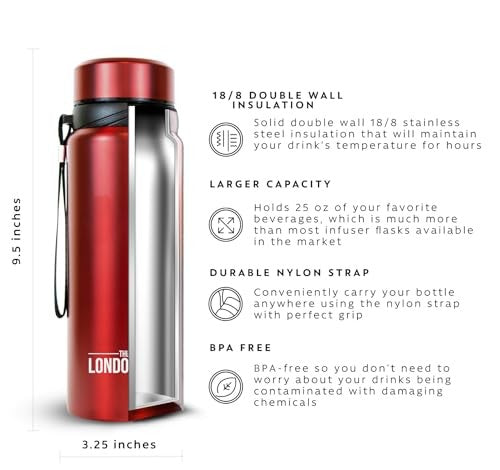 London Sip 25 oz travel mug with tea infuser, stainless steel tumbler for hot and cold beverages, featuring a secure lid and sleek design.