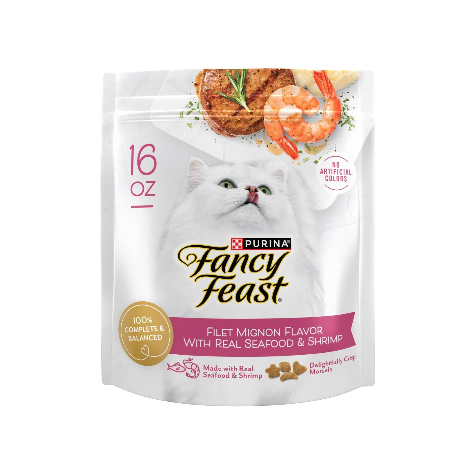 Bag of Fancy Feast dry cat food with filet mignon, seafood, and shrimp flavor in a large bag, showing the product packaging.