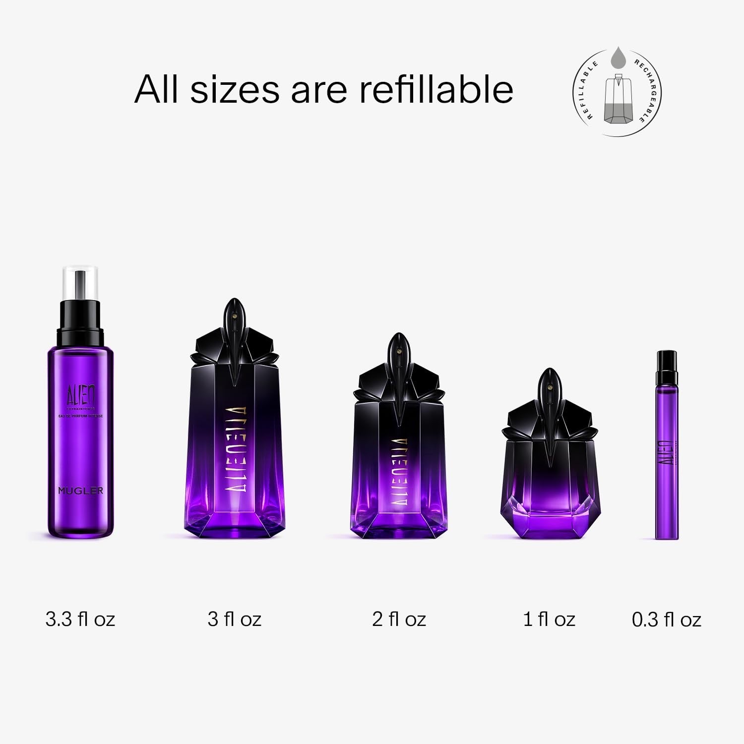 Mugler Alien Extraintense EDP perfume bottle for women with floral scent, featuring a sleek, modern design.