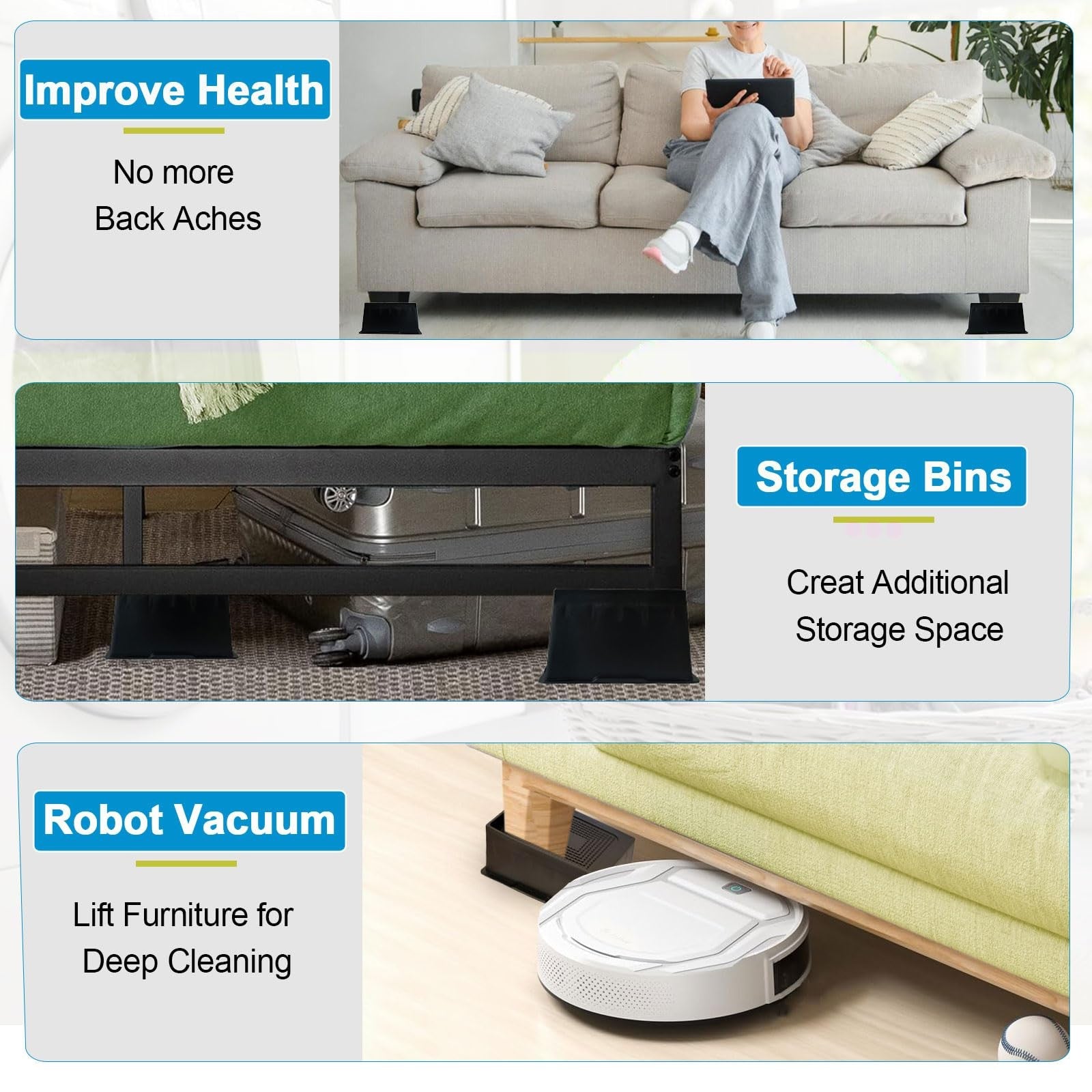 EGTTGIN bed risers, heavy-duty furniture lifts, 2-6 inch height, oversized, supports up to 6000lbs, visible for sturdy support.