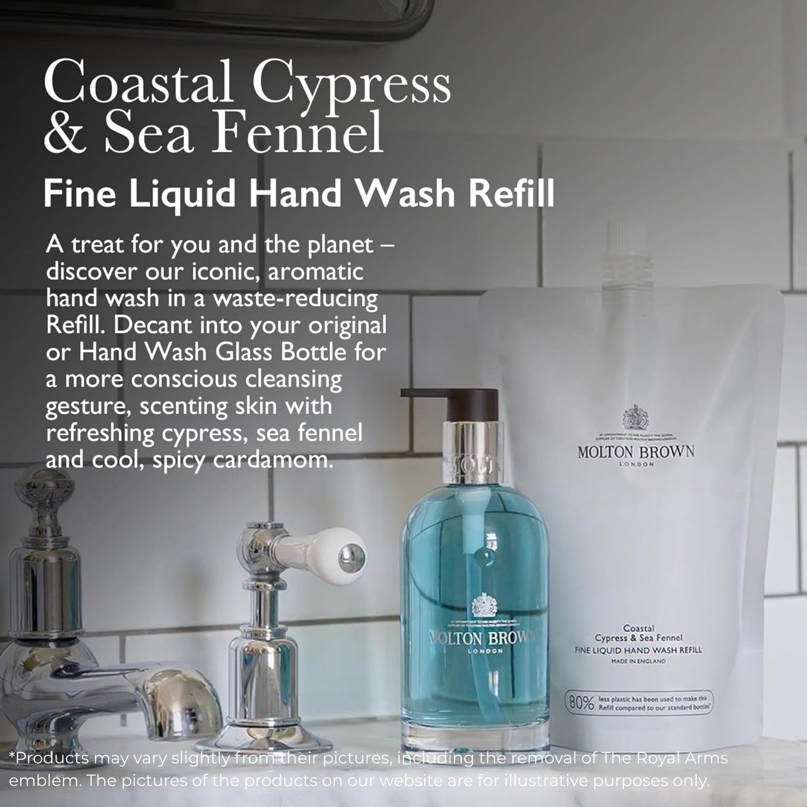 Molton Brown Coastal Cypress & Sea Fennel liquid hand wash refill bottle with label and pump, 13.5 fl oz.