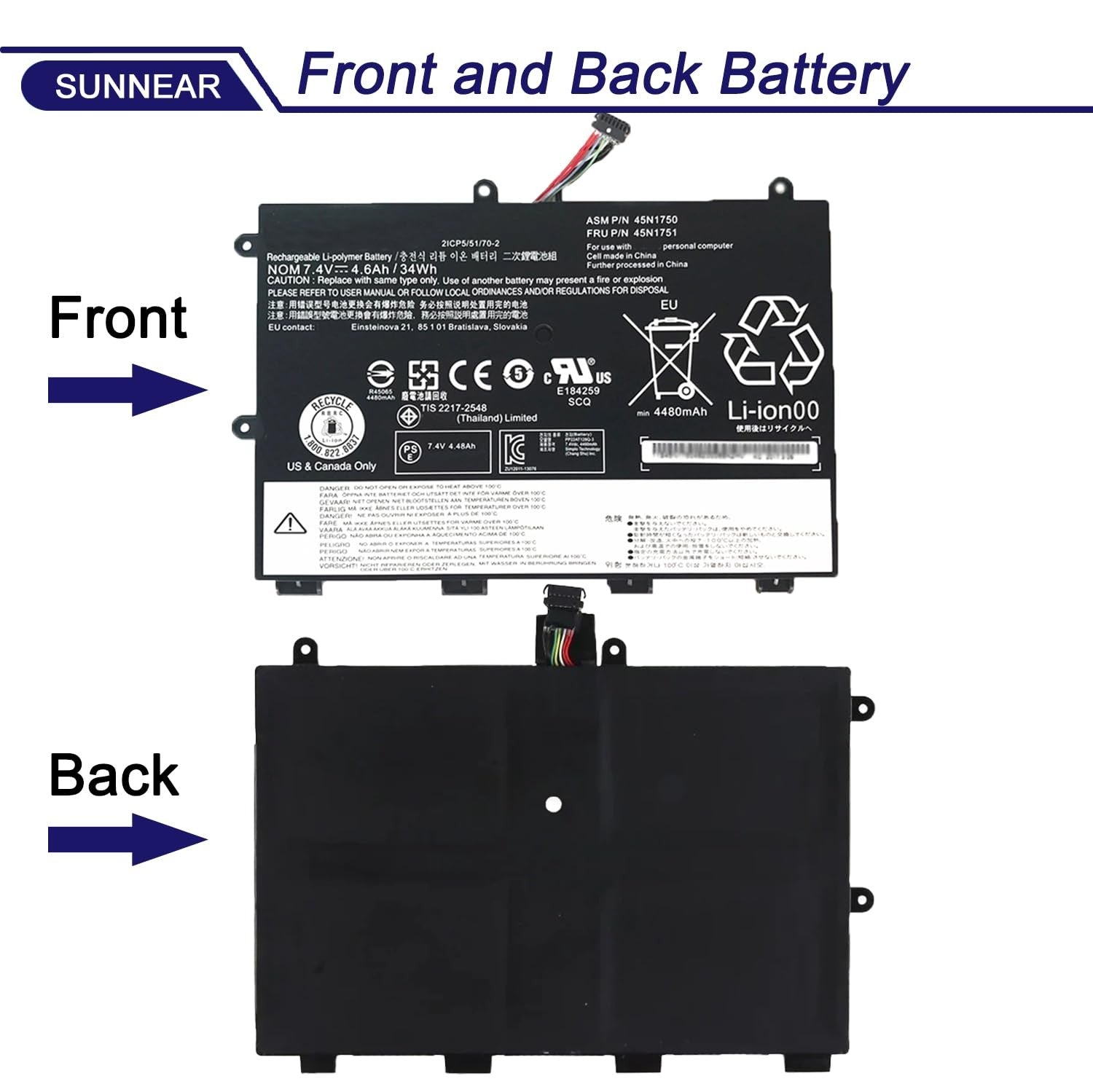 Laptop battery replacement for Lenovo ThinkPad Yoga 11E, unbranded 45N1750 45N1751 model showing the battery pack with connectors.