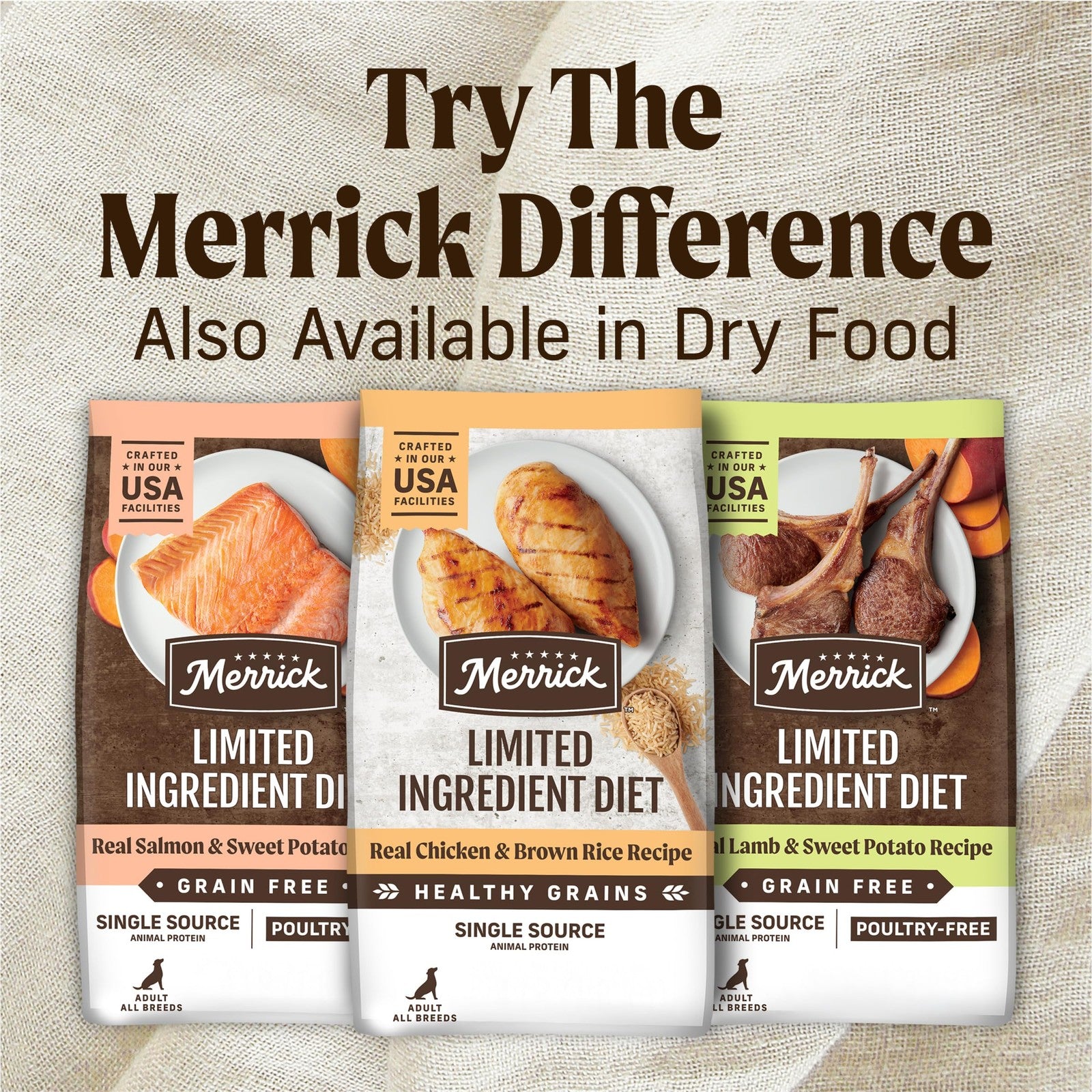Canned Merrick Limited Ingredient Diet Premium wet dog food with healthy grains in a metal can showing the label.