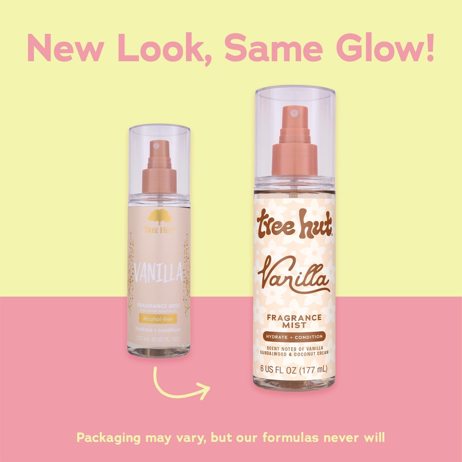 Tree Hut Vanilla fragrance mist body spray with refreshing, alcohol-free formula and vanilla scent, shown in a sleek spray bottle.