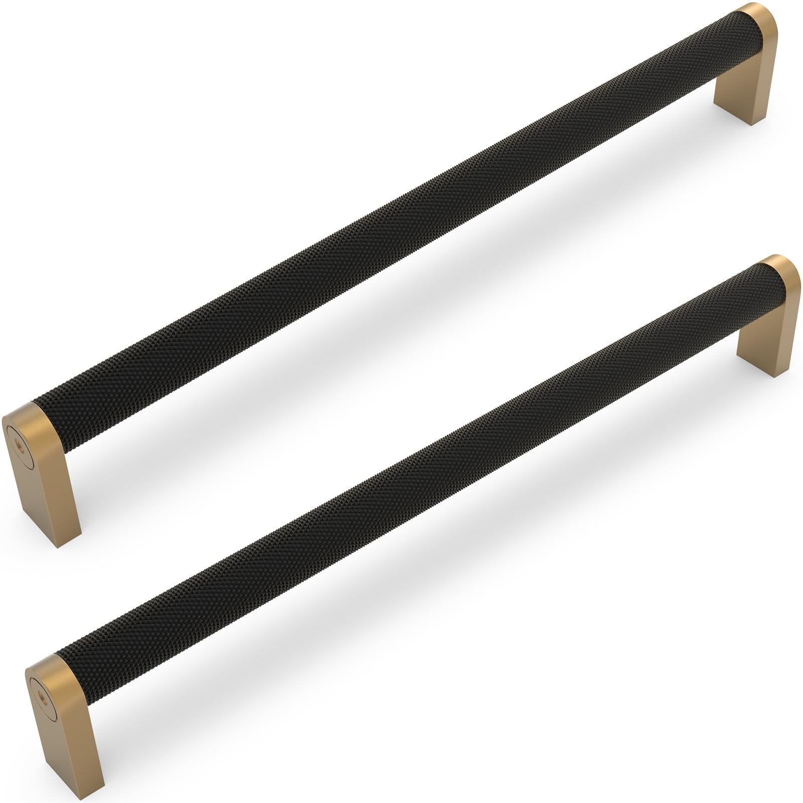 KOMOTIA 6-pack matte black and champagne bronze knurled cabinet pulls with 10-inch hole centers, showcasing stylish hardware for cabinets.