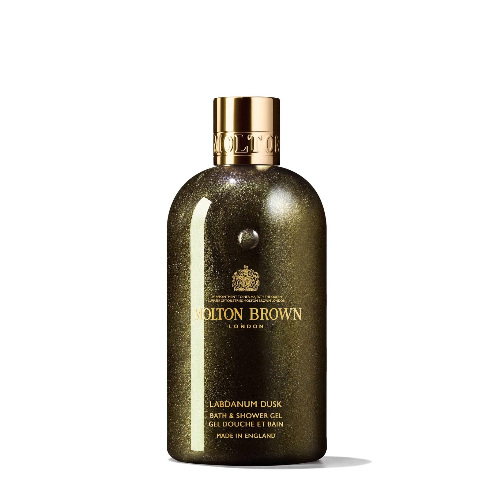 Molton Brown Labdanum Dusk Body Wash in a 10 fl oz bottle, with gold and brown labeling, shown with the bottle’s front view.
