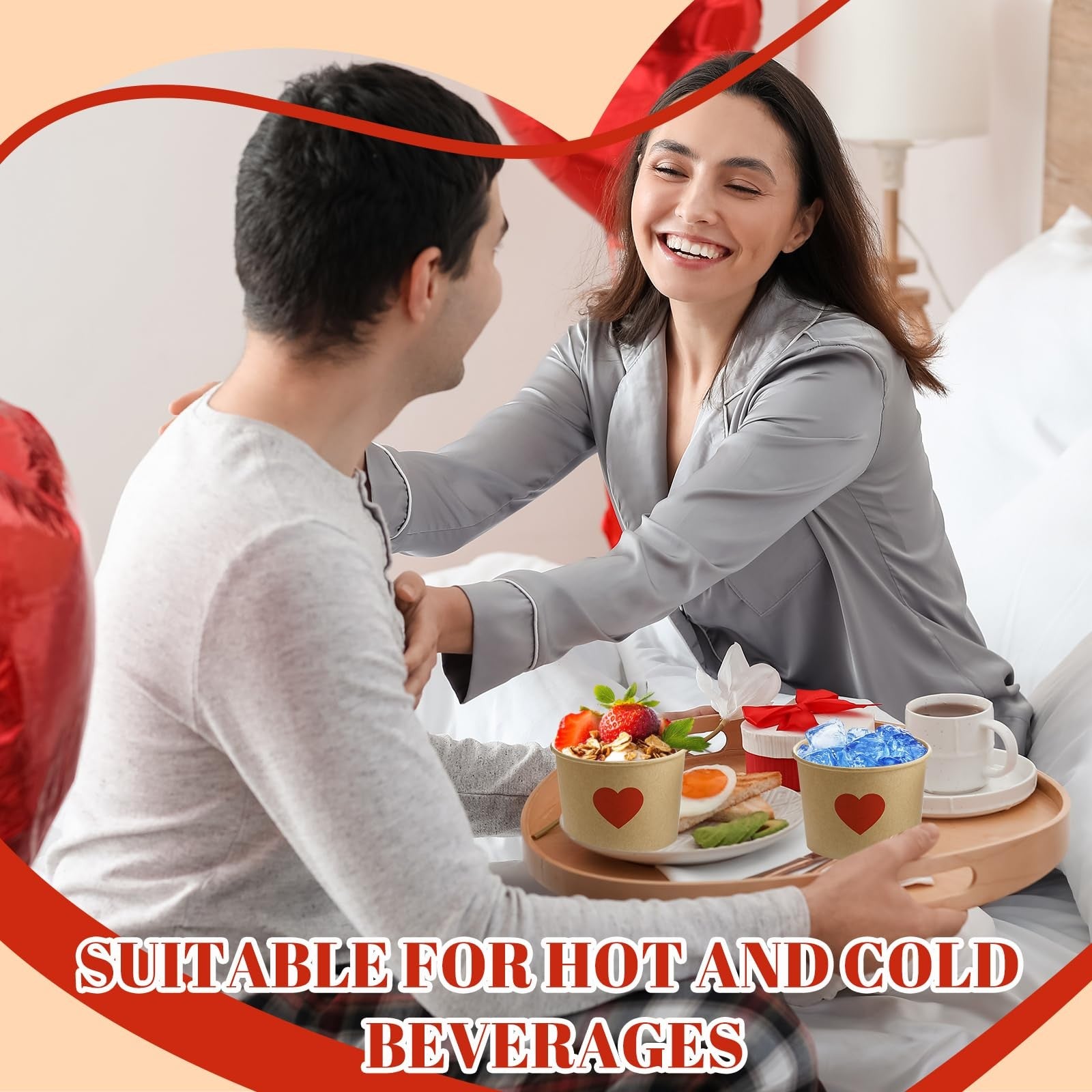 Hsei 60-pack of 16oz disposable Valentine's Day themed heart-shaped soup bowls and ice cream cups for snacks and desserts.