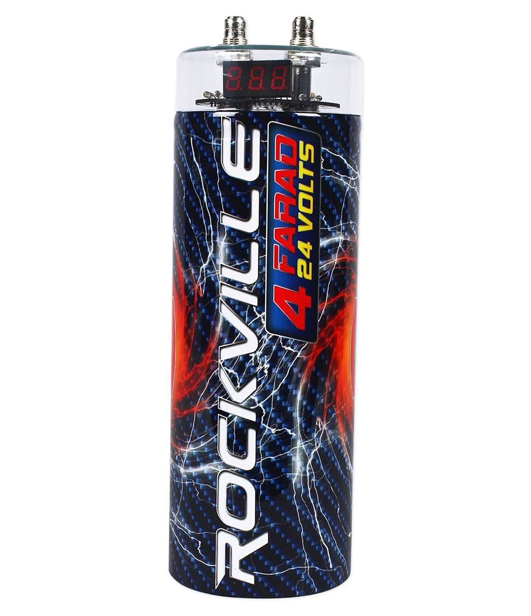 Rockville RXC4D 4 Farad digital car capacitor with blue LED voltage display installed in vehicle engine bay