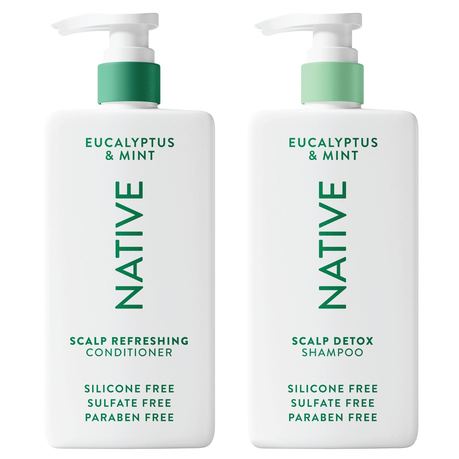 Native Scalp Detox Shampoo and Conditioner set with eucalyptus and mint, featuring natural ingredients and eco-friendly packaging.
