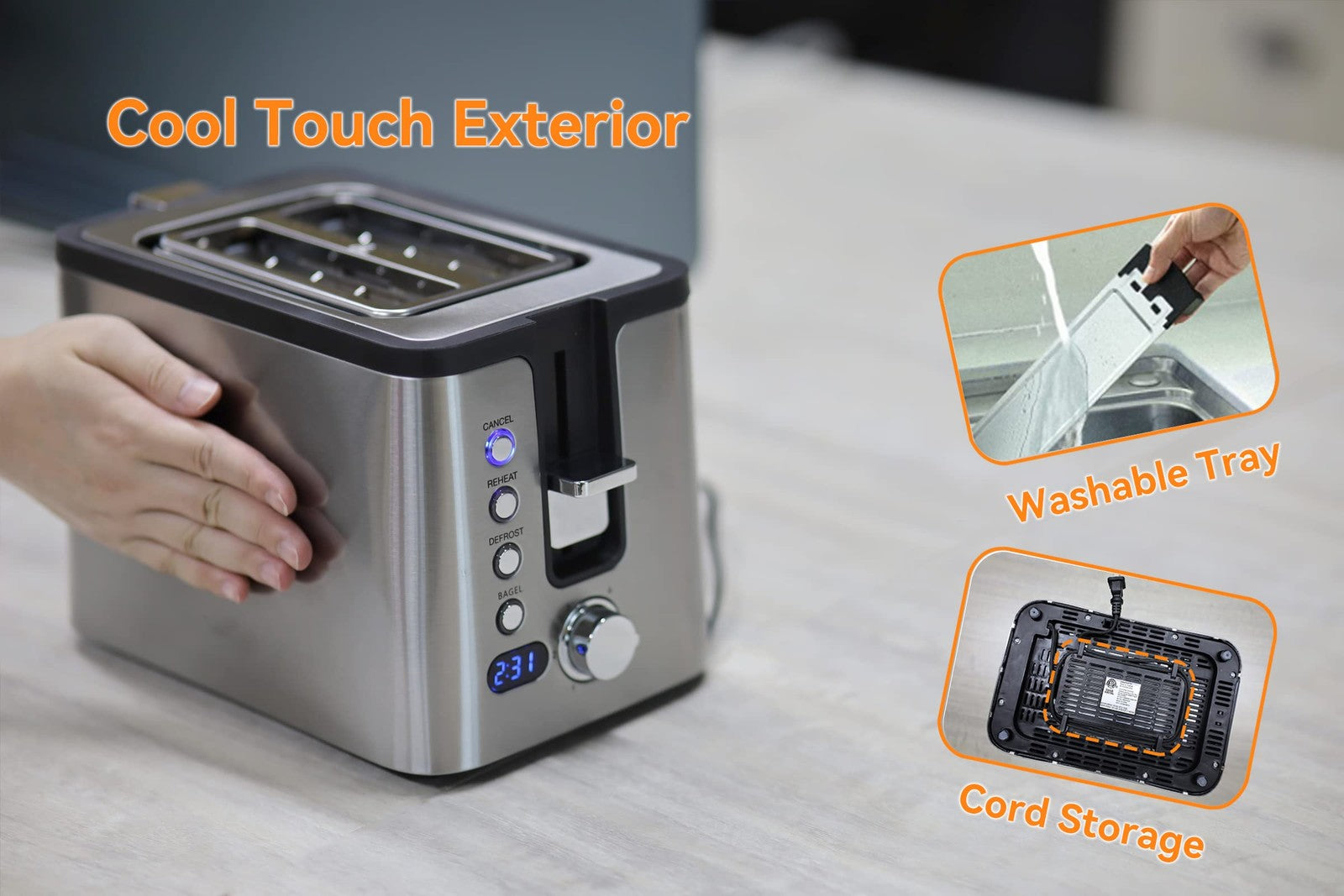Mecity 2-slice stainless steel toaster with timer, bagel, defrost, reheat, and cancel functions showing the appliance on a kitchen countertop.