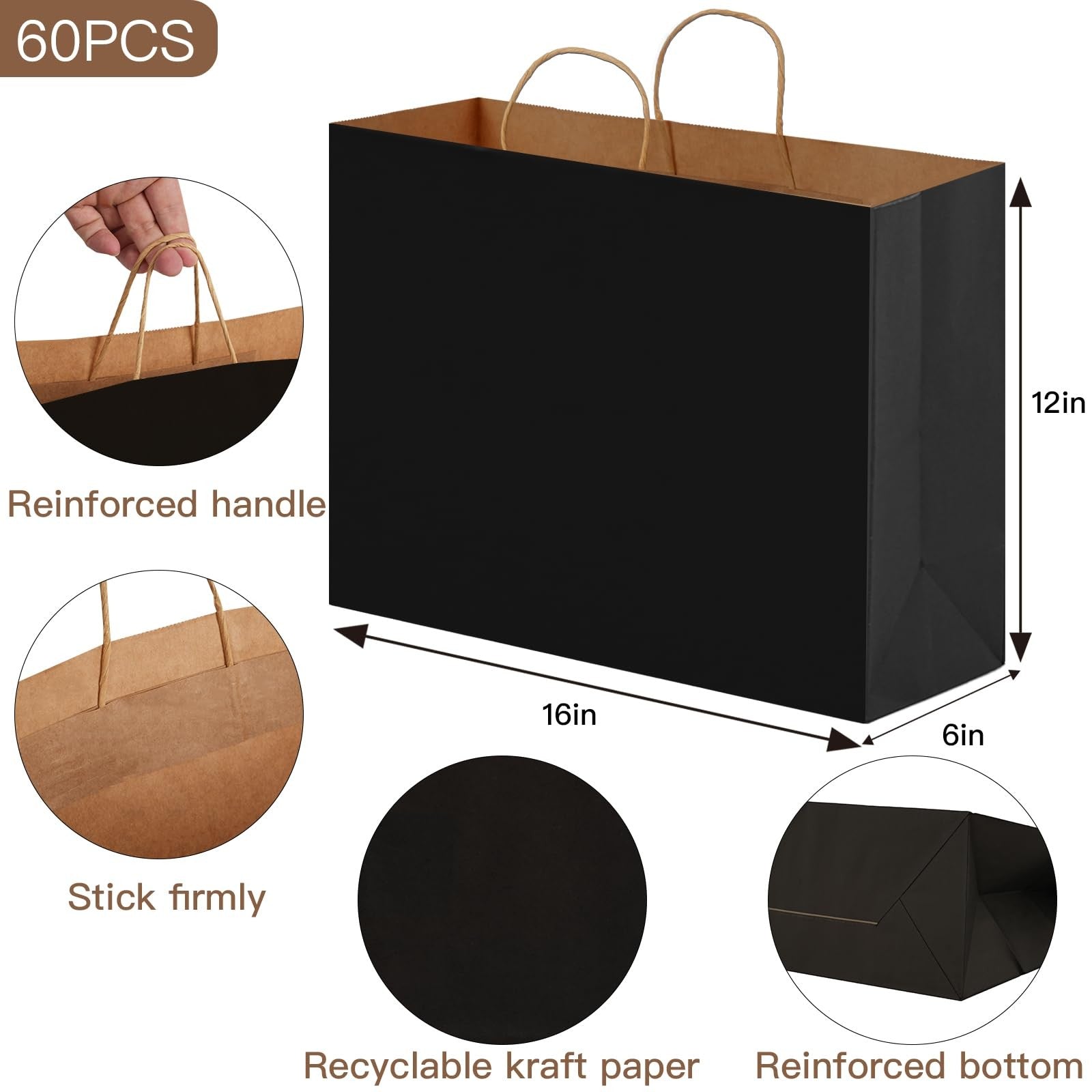 OUTUXED 60-pack black kraft paper gift bags with handles, 16x6x12 inches, sturdy large paper shopping and gift bags.