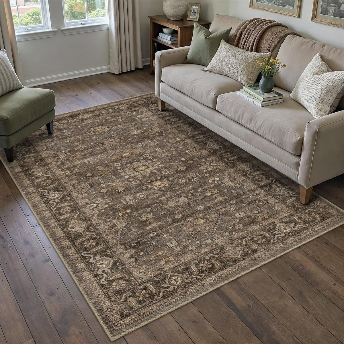 WondRg vintage brown 4x5 washable area rug with soft low pile, suitable for living room or bedroom decor.