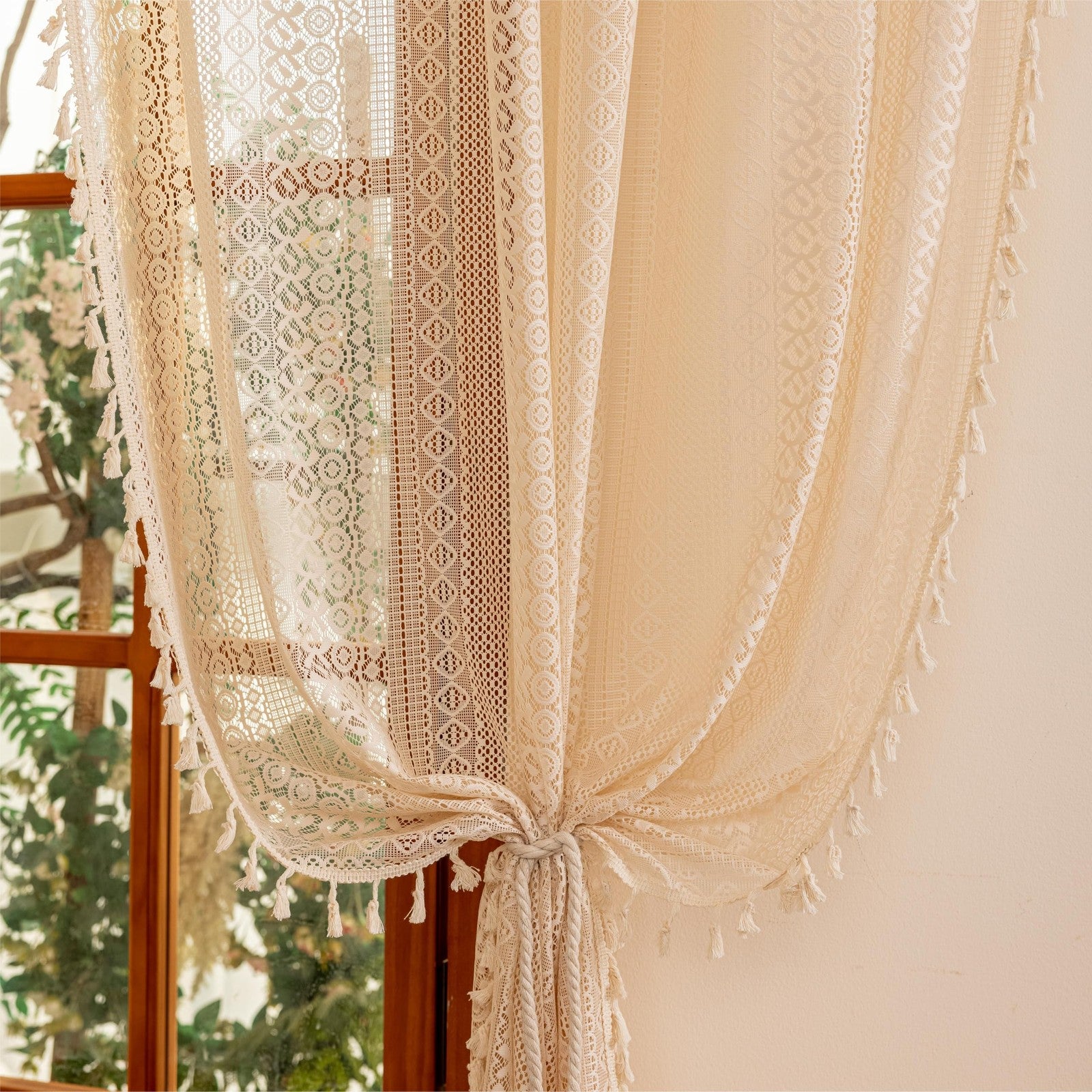 Beige Boho vintage lace curtains from Sutuo Home, 108 inches long, ideal for dining room window decor.