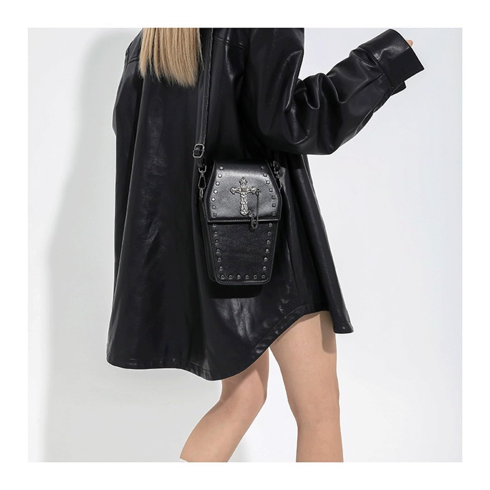 LOTUSTAR Goth coffin purse in black with cross shoulder strap, perfect for Halloween or gothic fashion accessories.