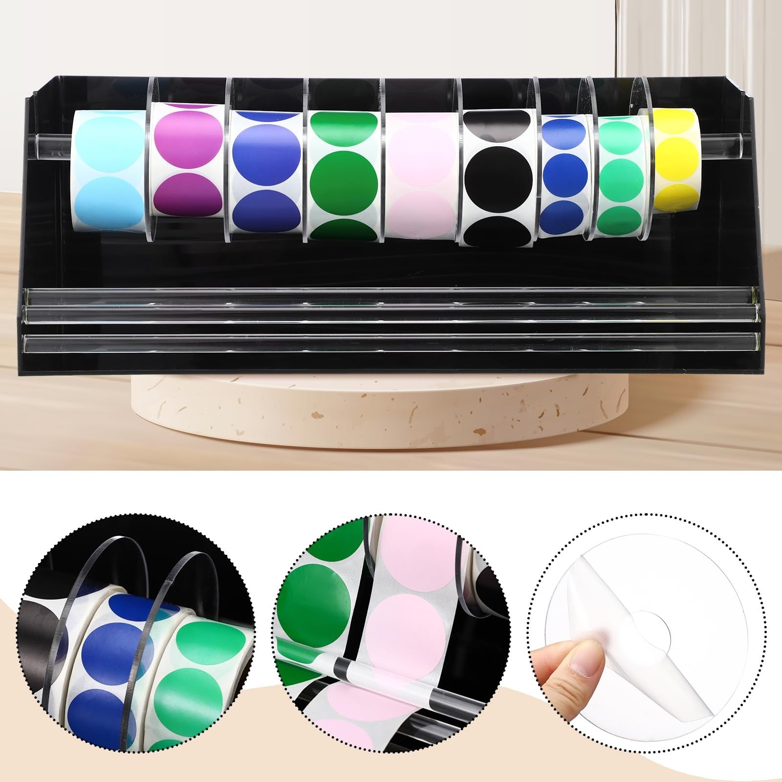 Feifeiya adjustable acrylic sticker roll dispenser with 9 disks and label holder for organizing and dispensing stickers efficiently.