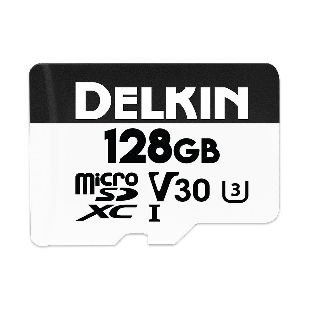 Delkin Devices 128GB Hyperspeed Micro SD Card with Adapter, UHS-I, showing the card and adapter on a white background.