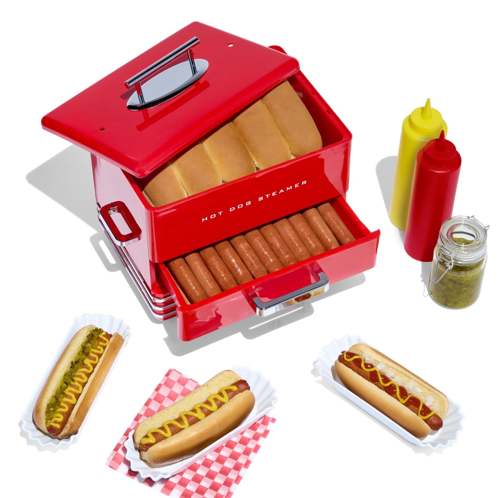 Nostalgia Extra Large Diner-Style Steamer with capacity for 20 hot dogs and 6 buns, stainless steel construction.
