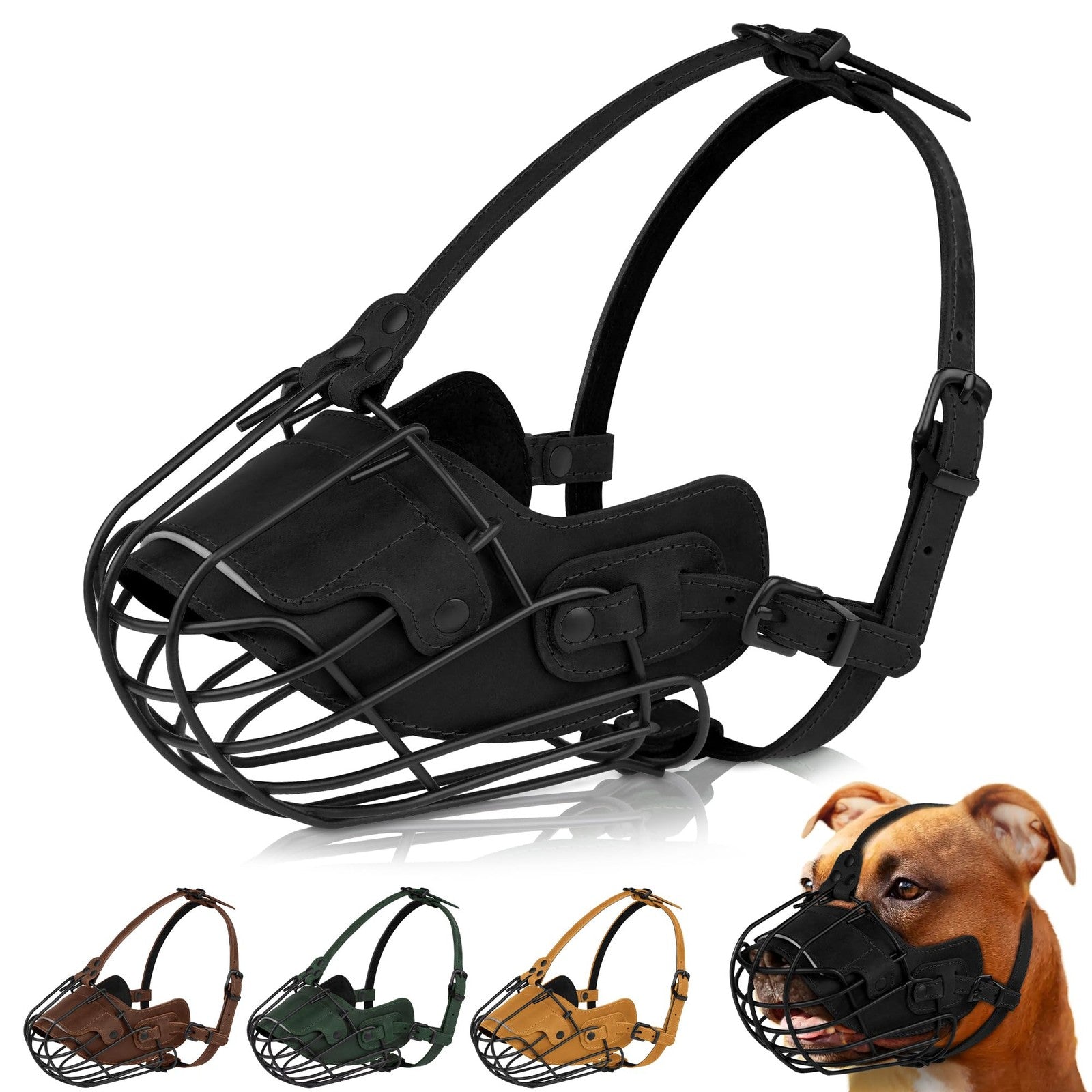 OOPSDOGGY Metal Pitbull dog muzzle with reflective leather strap and secure wire basket design for safety and control.