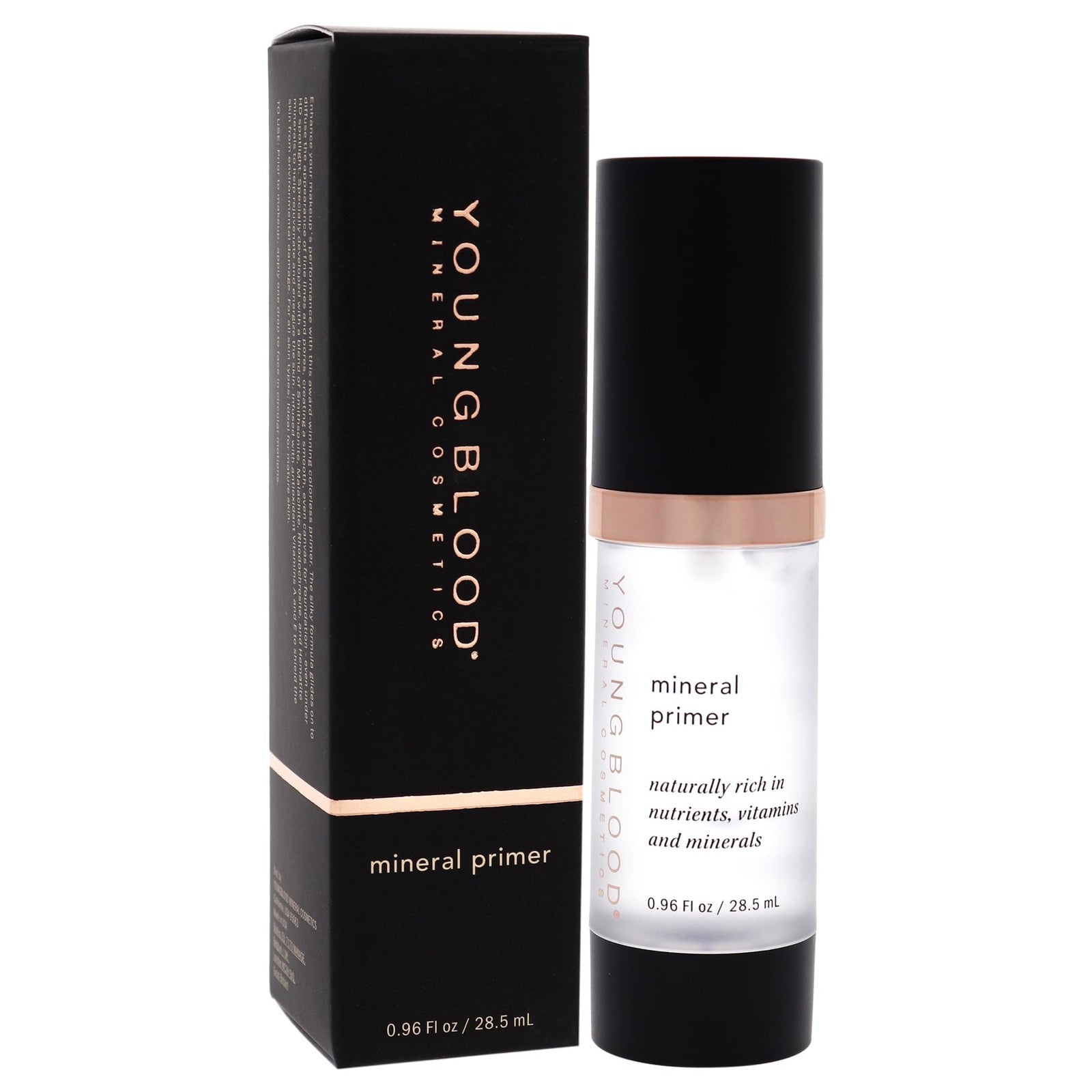 Youngblood mineral primer in 0.96 oz bottle, lightweight makeup primer for women, with smooth, even skin finish.