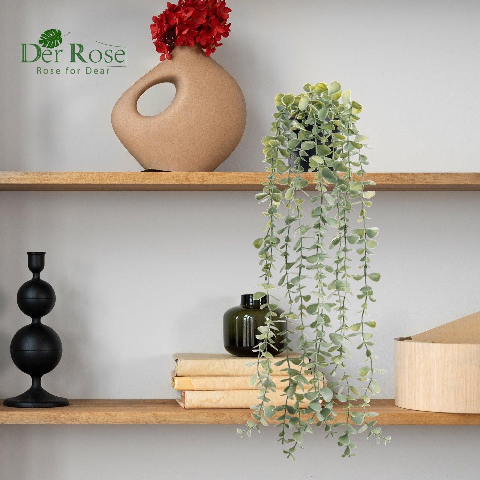 Artificial hanging eucalyptus plant by Der Rose, perfect for modern boho farmhouse decor, featuring lush green eucalyptus leaves.