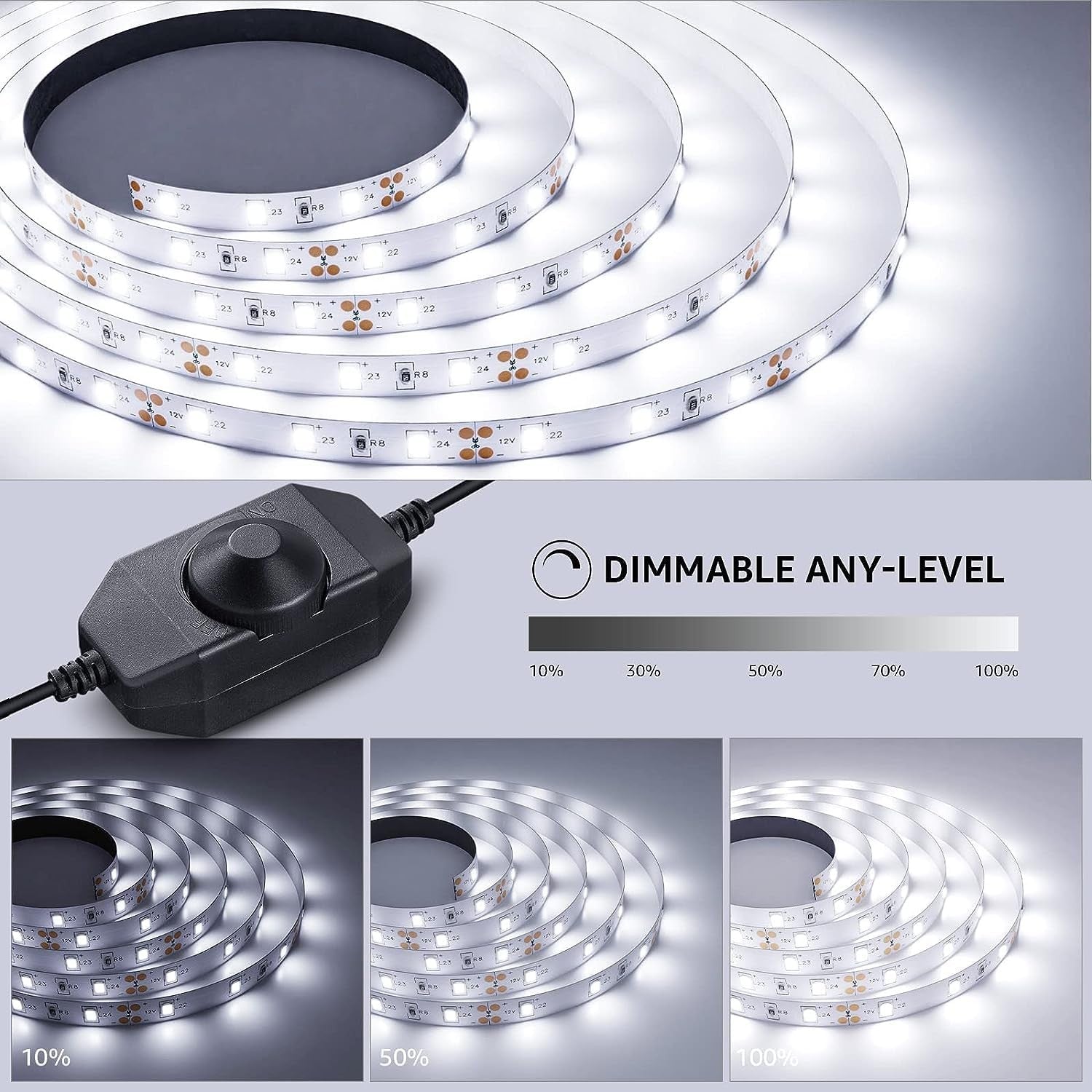 Dimmable Lepro LED strip light, 32.8ft vanity lights with 6000K super bright LED tape, shown installed on a bathroom mirror.