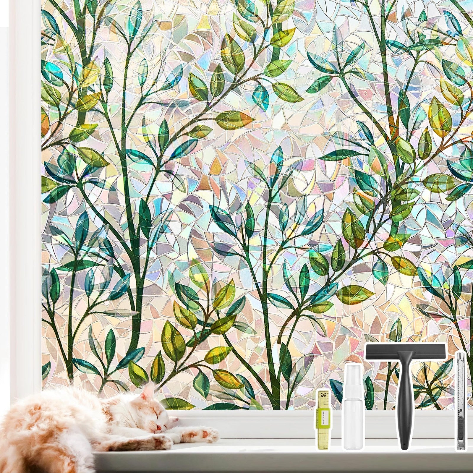 NINETREX stained glass window film with 3D decorative design, sun blocking static cling for privacy and aesthetic enhancement.
