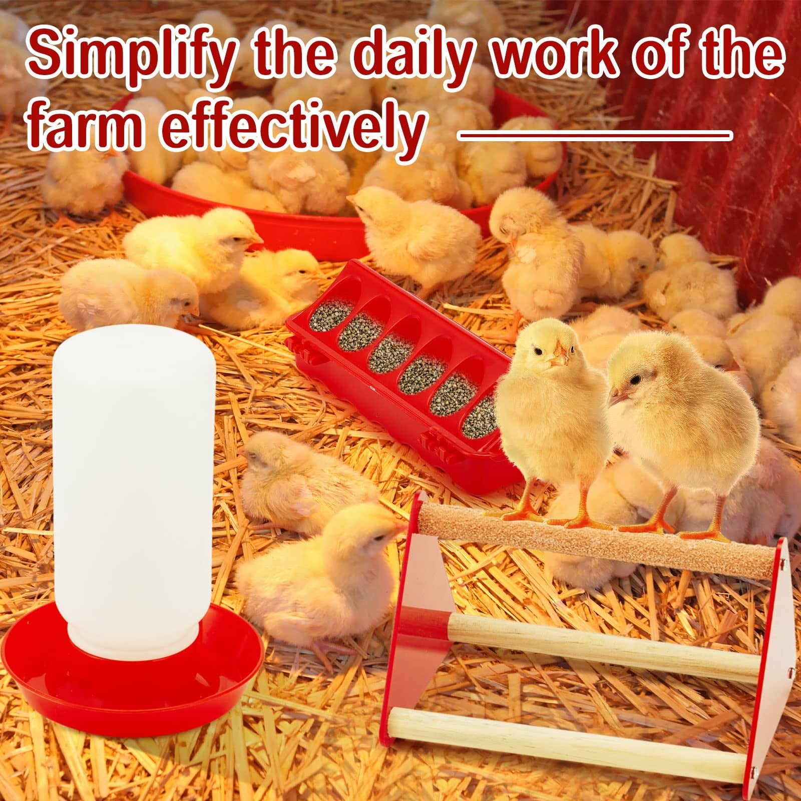 Patelai 12-piece chick feeder and waterer kit with mini perches, showing colorful plastic feeders and waterers for young poultry.