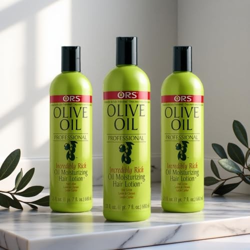 ORS Olive Oil Professional Moisturizing Hair Lotion in a 23-ounce bottle, rich formula for smooth, nourished hair.