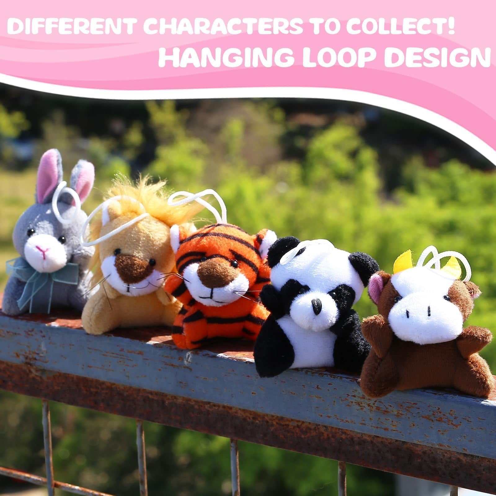 38-pack mini stuffed animals plush toys set with jungle animal designs and hanging loops