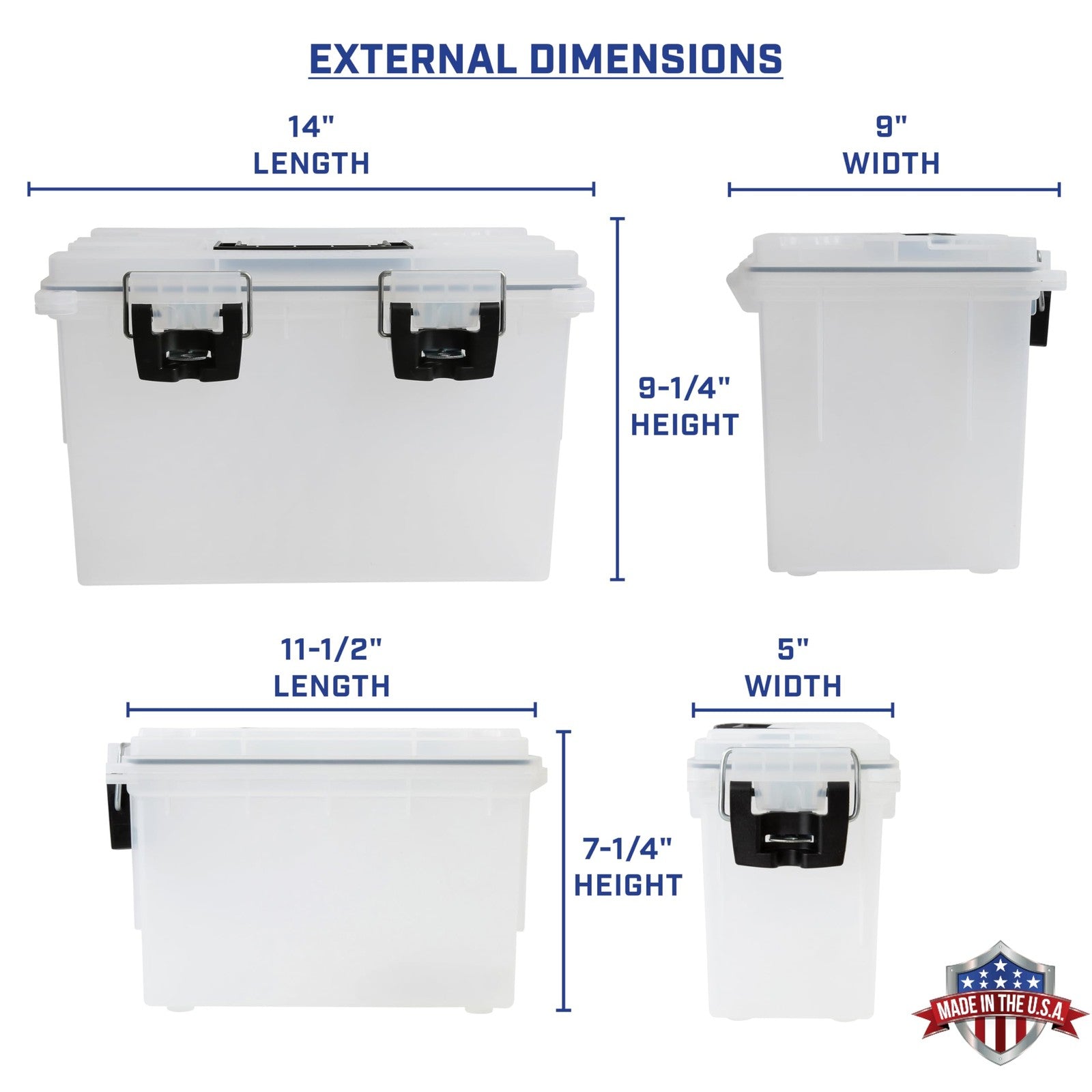 Two Sheffield 12722 stackable storage bins with lids, made in the U.S., shown stacked with clear plastic construction.