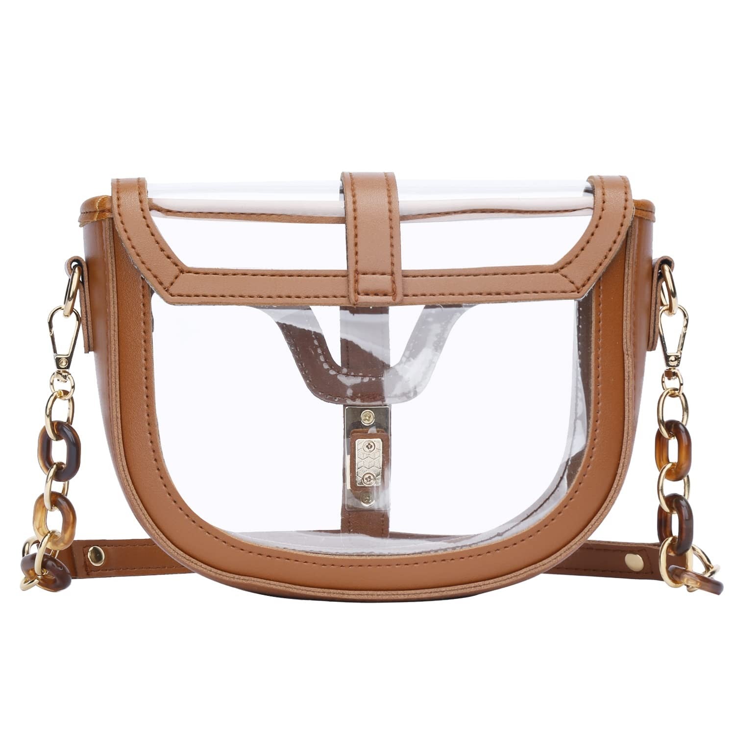 KKXIU clear crossbody bag for women, stadium approved vegan leather shoulder bag with transparent design and black accents.