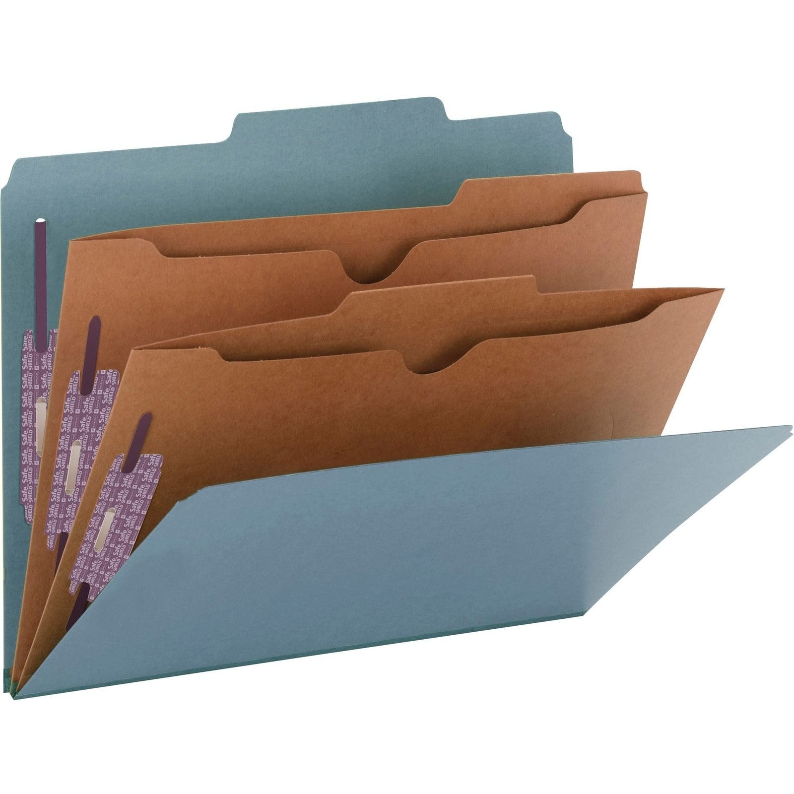 SMEAD Pressboard Classification File Folder with SafeSHIELD fasteners, two pockets and divider for organized document storage.