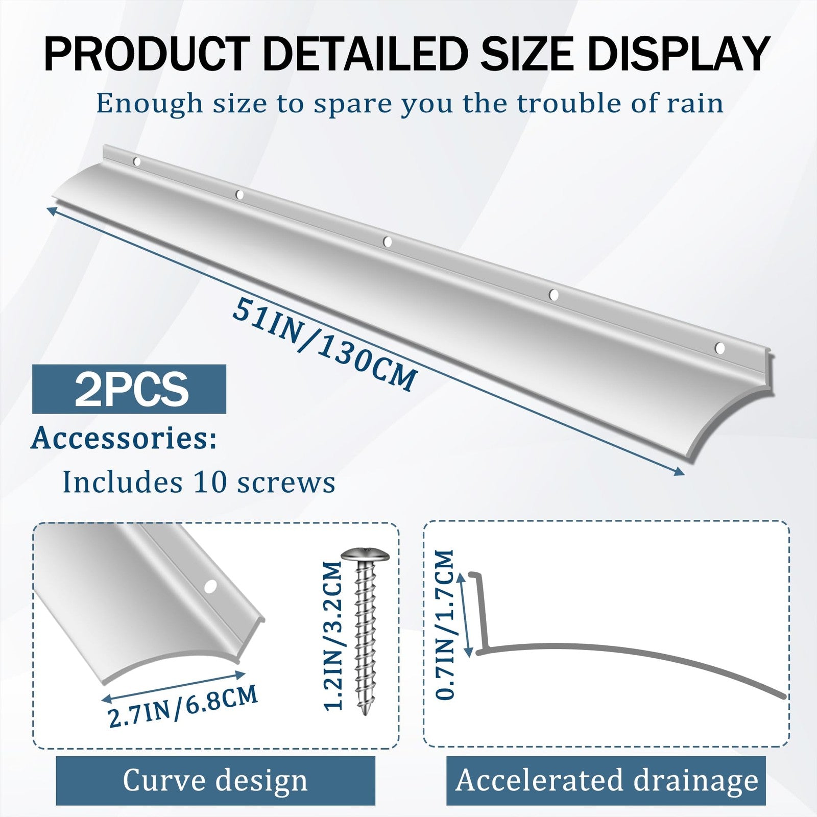 Pair of 51-inch anodized aluminum door drip caps with rain guard edge weatherstrips, designed for weatherproofing and door protection.