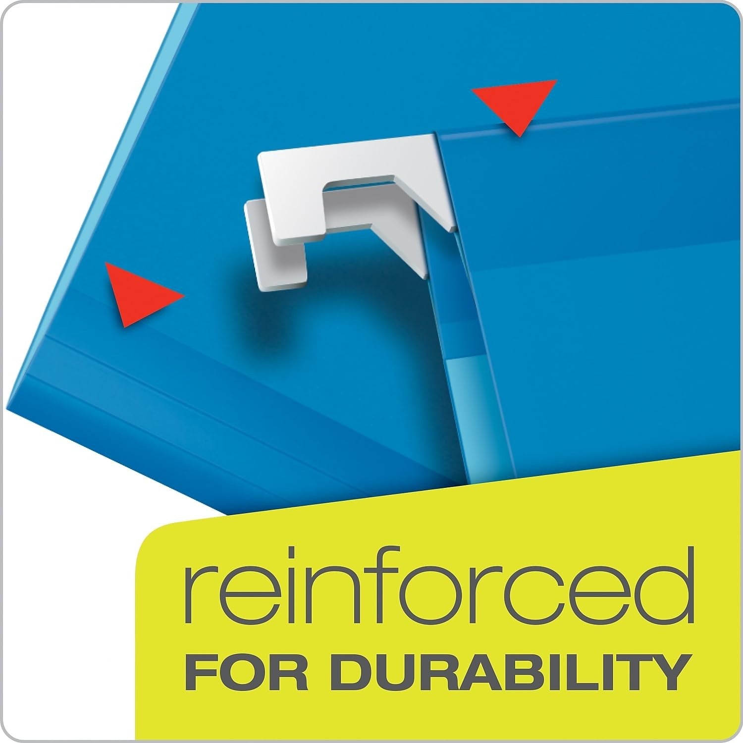 Blue Pendaflex Ready-Tab reinforced hanging folders with 5 tabs, letter size, shown in a box of 25 for office filing.