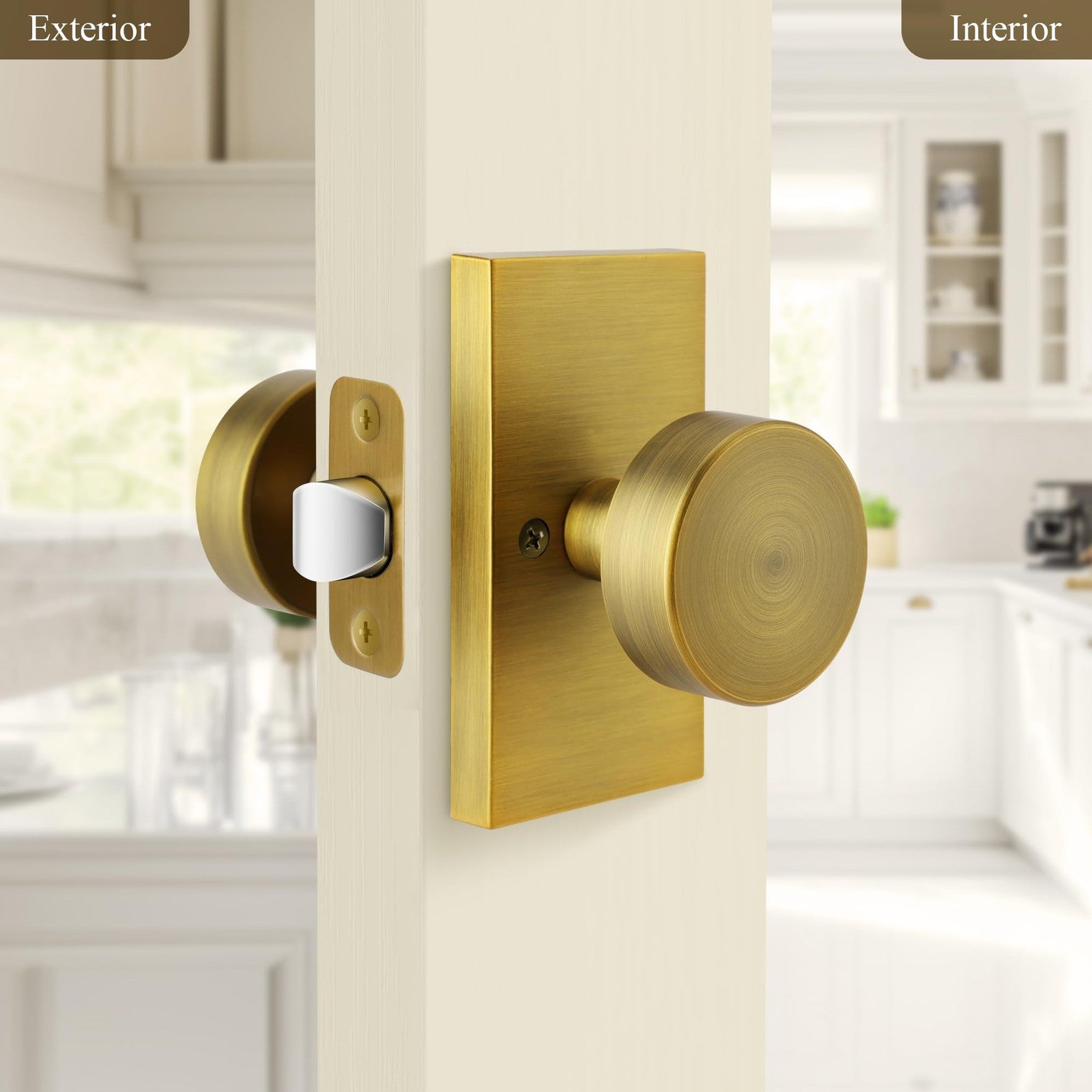 ToPToToo antique brass passage door knobs for interior closets, featuring classic round design and polished finish.