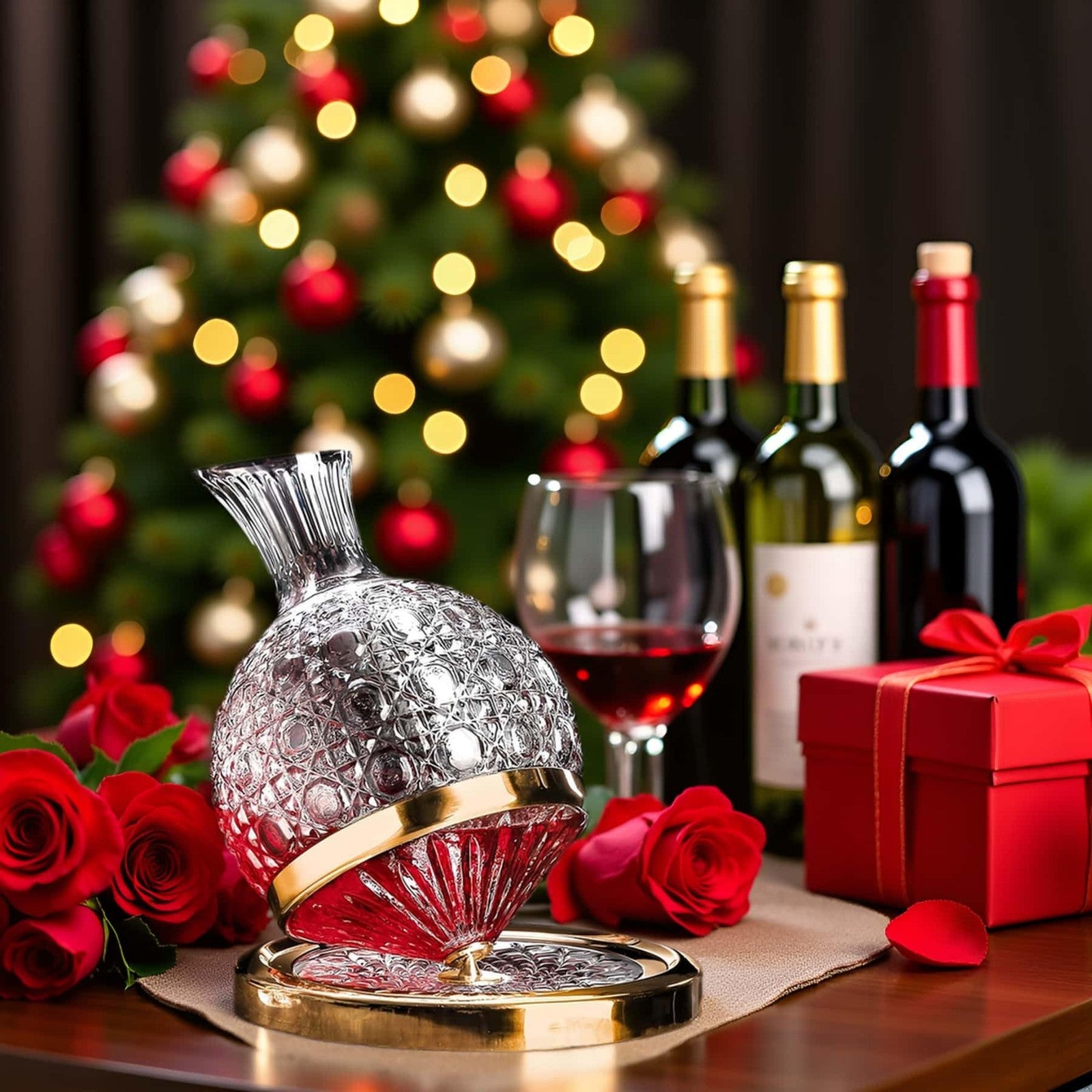 Jarler wine decanter set with spinning crystal glass carafes and football-shaped jarler, designed for red wine aeration and serving.