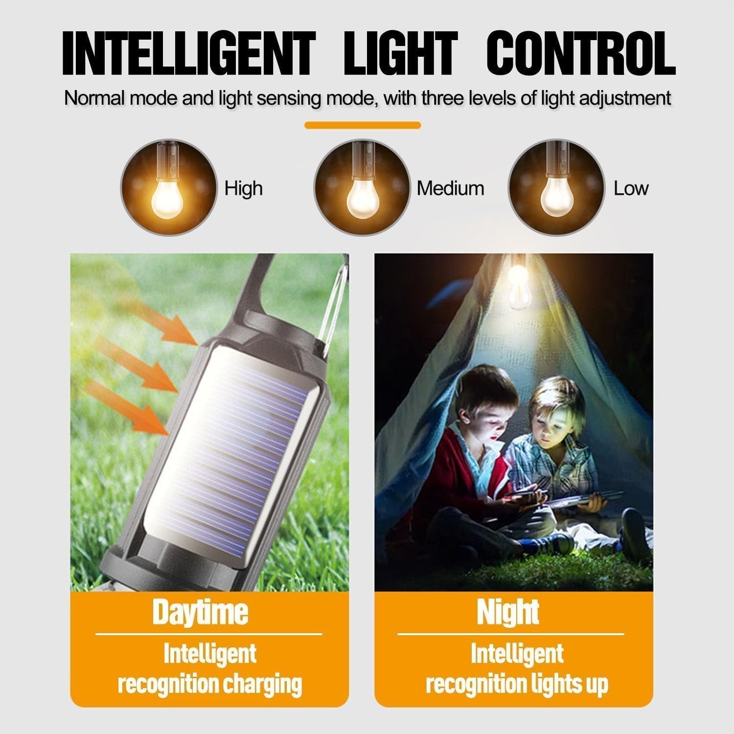 MODOAO LED tent lights 5-pack camping lanterns with USB rechargeable solar power, hanging from a tent in a camping setting.
