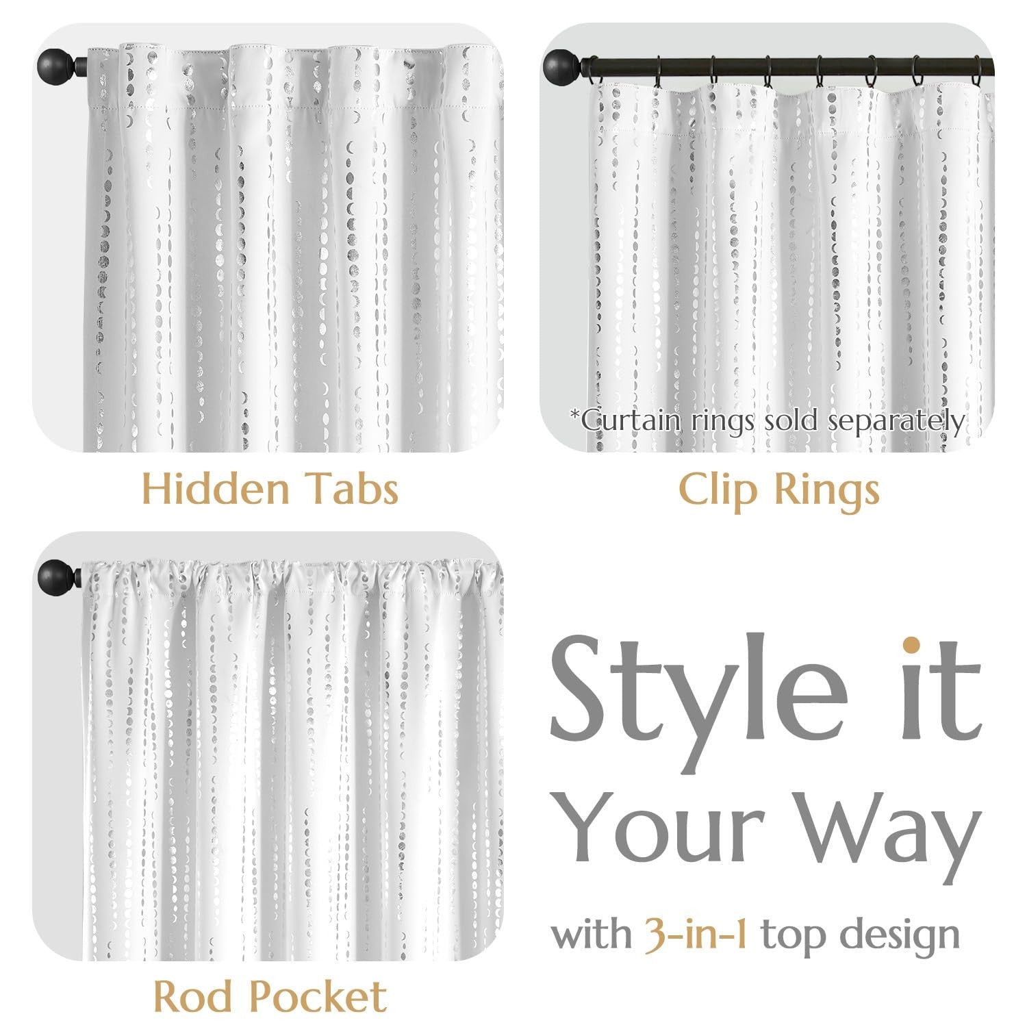 jinchan Boho Bedroom Curtains with moon phases print, 95% blackout, 108 inches long, perfect for stylish, darkening window treatments.