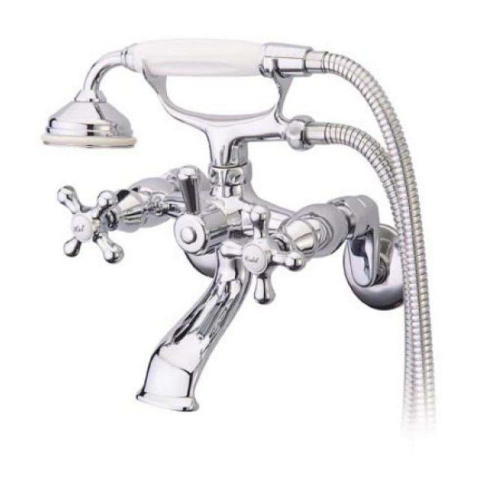 Kingston Brass wall mount clawfoot tub faucet with hand shower, chrome finish and vintage-style design.