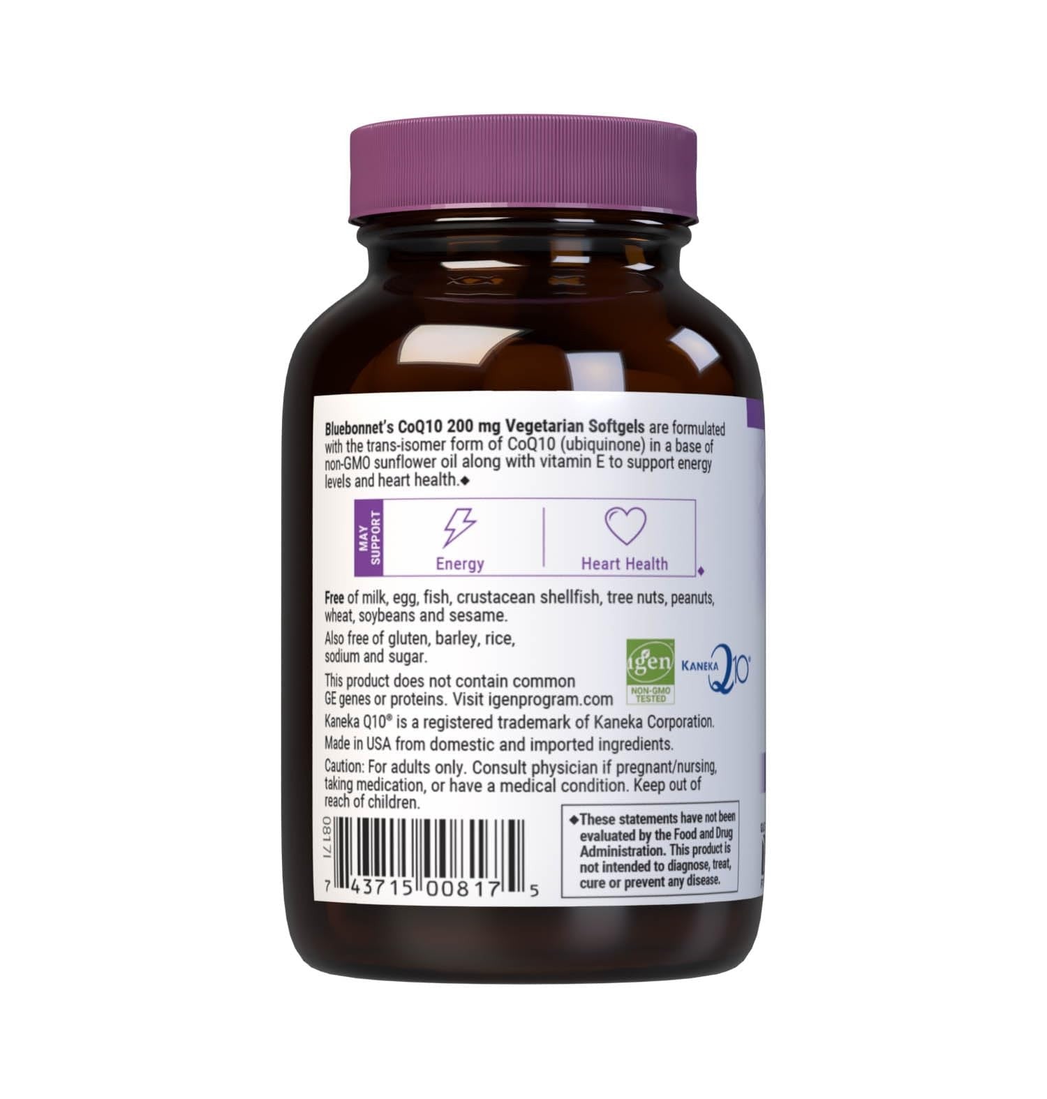 Bluebonnet CoQ-10 Vegetarian Softgels 200mg bottle with 60 softgels, featuring blue and white label design.