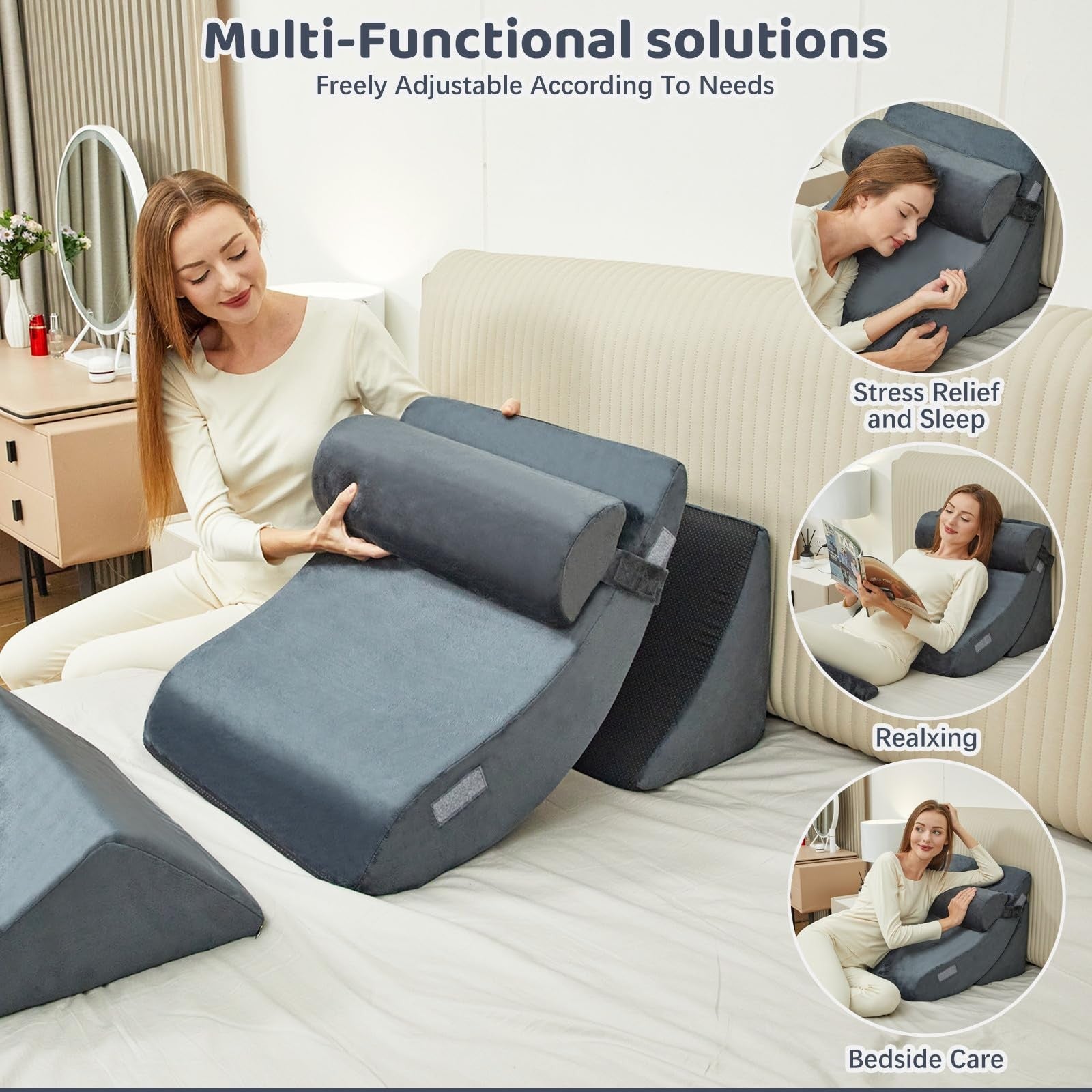 PIASHJOY 4-piece bed wedge pillows set for sleeping and acid reflux relief, showing adjustable foam wedges on a bed.