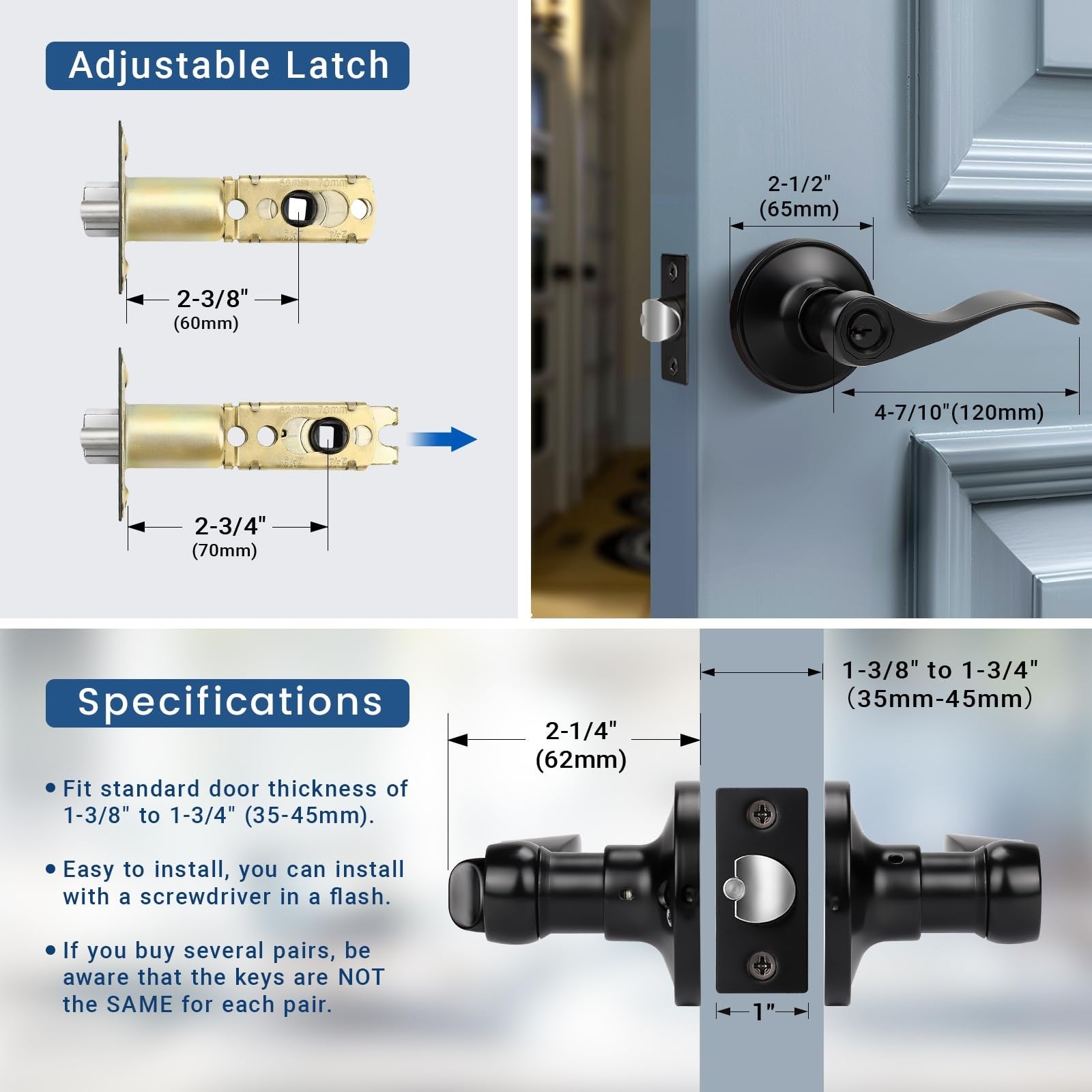 Knobonly 3-pack matte black keyed bathroom and bedroom door locks with handles, featuring front door lock mechanism.